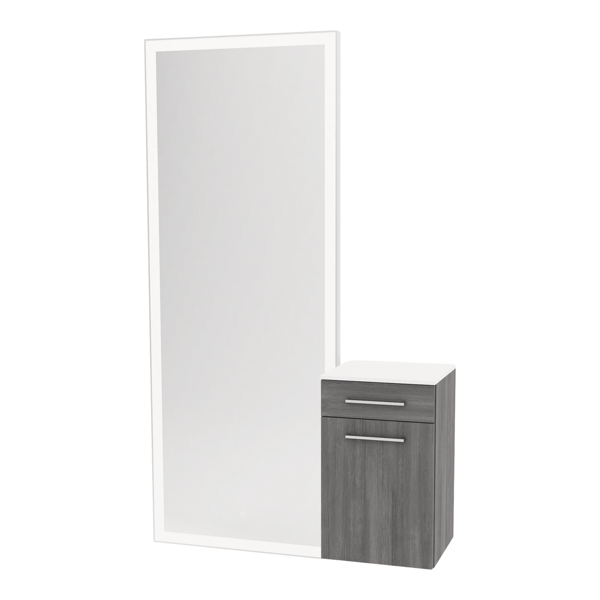 Glo Wall Mount Styling Station with Tilt-out Appliance Holder, Solid Surface Countertop, and Silver Full-Length Rectangle Glo Mirror