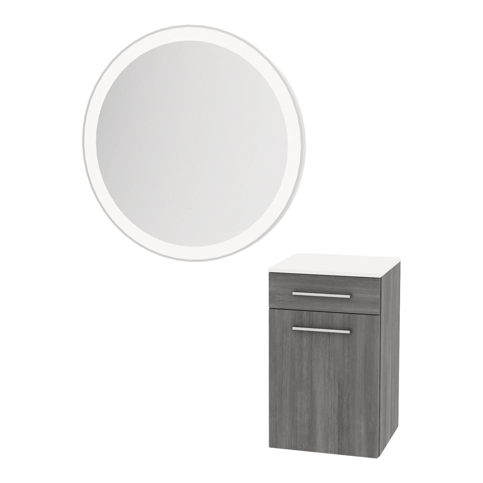 Glo Wall Mount Styling Station with Tilt-out Appliance Holder, Solid Surface Countertop, and Silver Round Glo Mirror