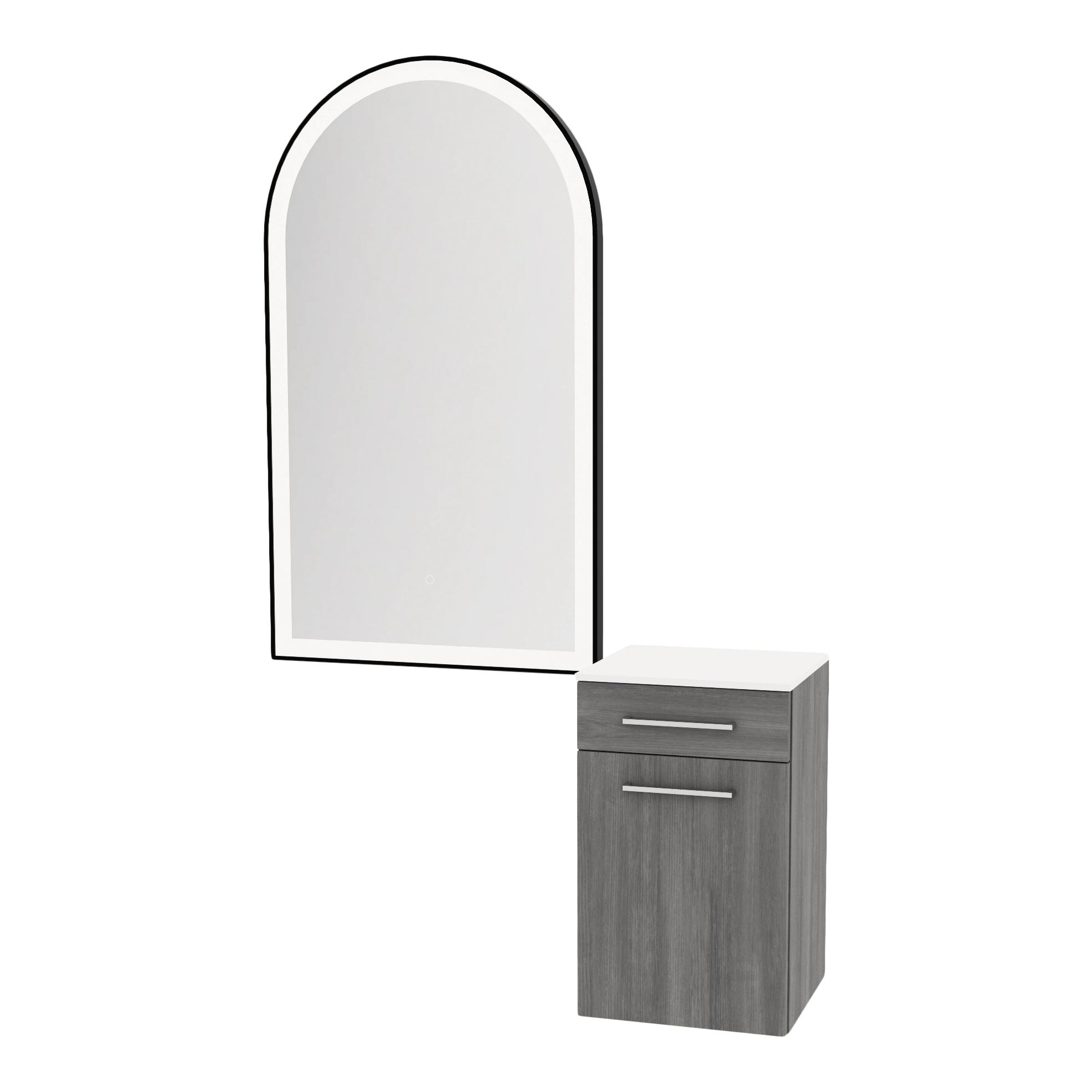 Glo Wall Mount Styling Station with Tilt-out Appliance Holder, Solid Surface Countertop, and Black Arch Paloma Mirror