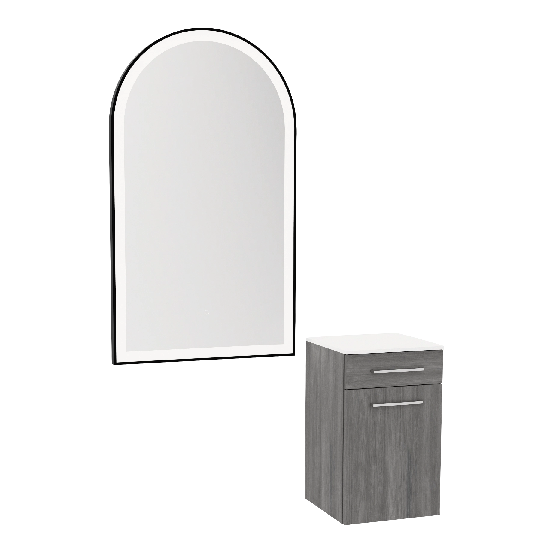 Glo Wall Mount Styling Station with Tilt-out Appliance Holder, Solid Surface Countertop, and Black Arch Paloma Mirror