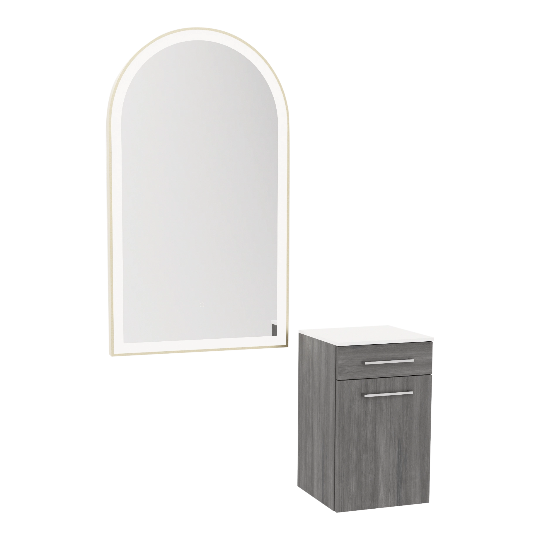 Glo Wall Mount Styling Station with Tilt-out Appliance Holder, Solid Surface Countertop, and Gold Arch Paloma Mirror