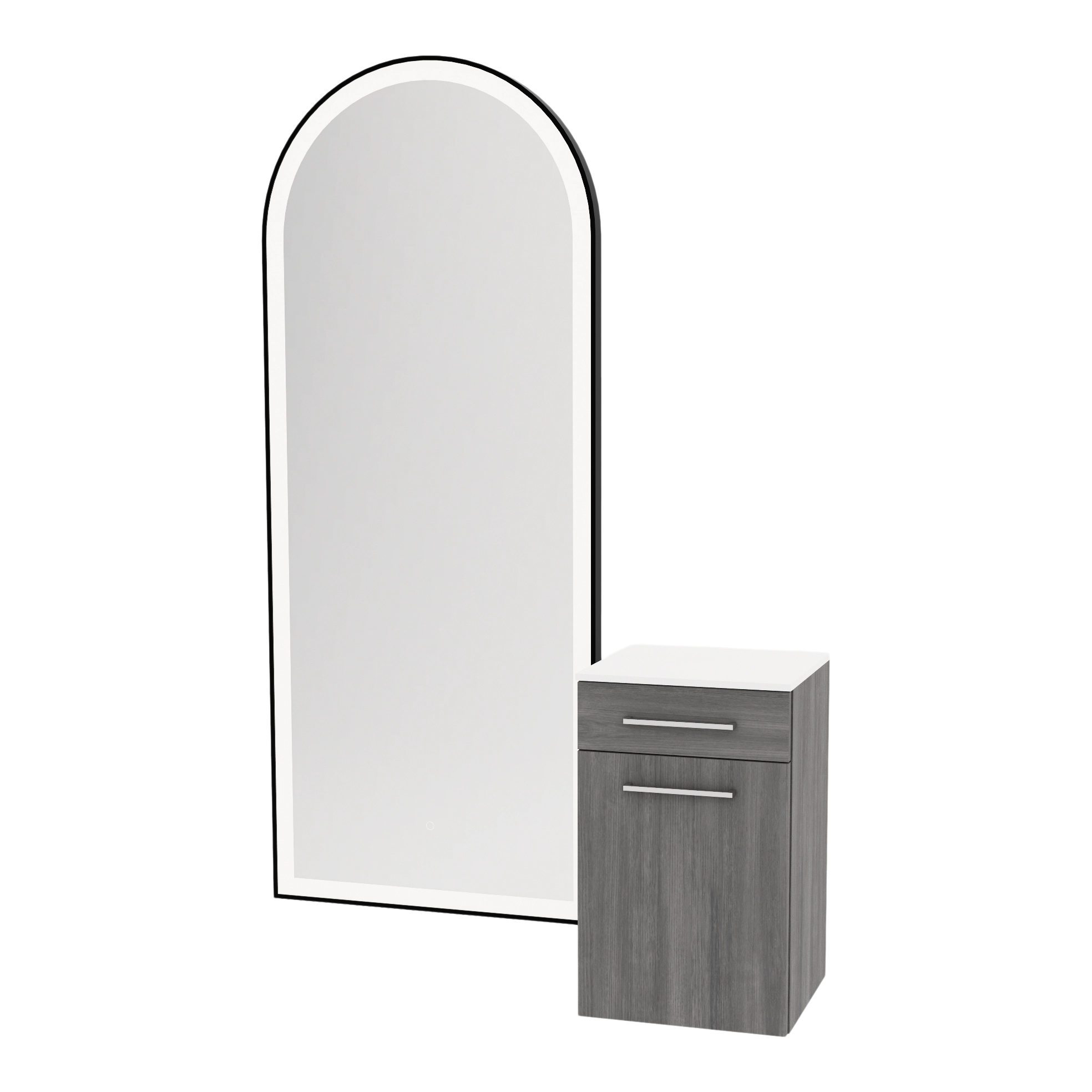 Glo Wall Mount Styling Station with Tilt-out Appliance Holder, Solid Surface Countertop, and Black Full-Length Arch Paloma Mirror