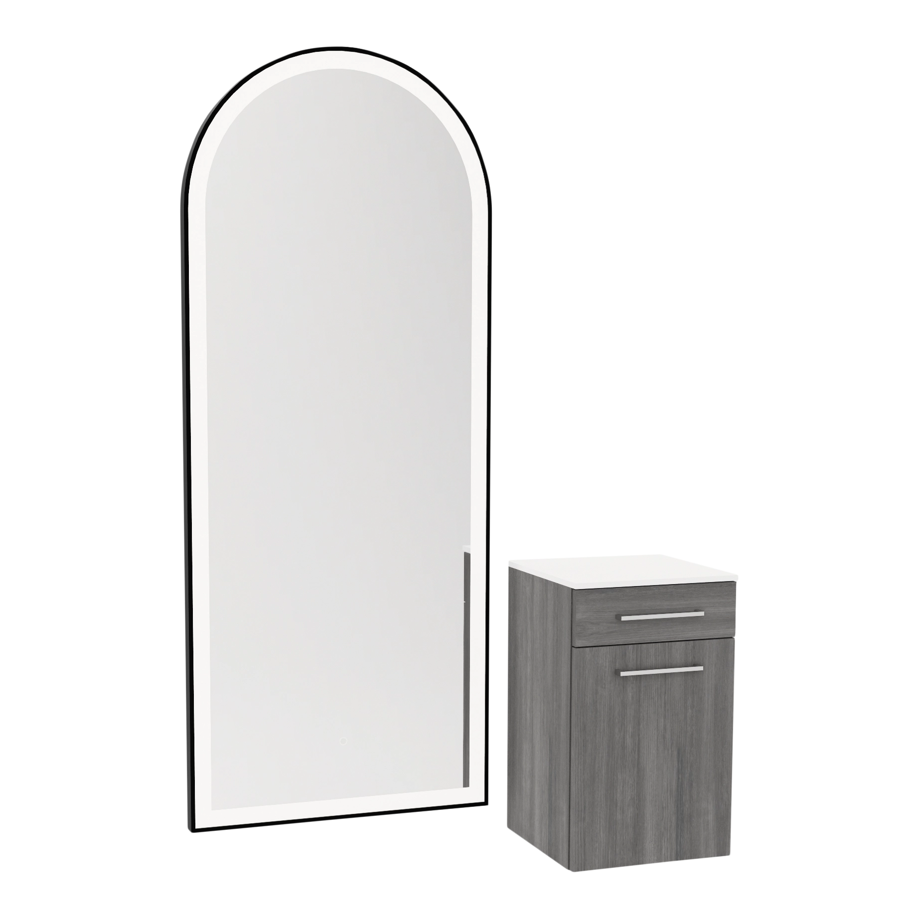 Glo Wall Mount Styling Station with Tilt-out Appliance Holder, Solid Surface Countertop, and Black Full-Length Arch Paloma Mirror