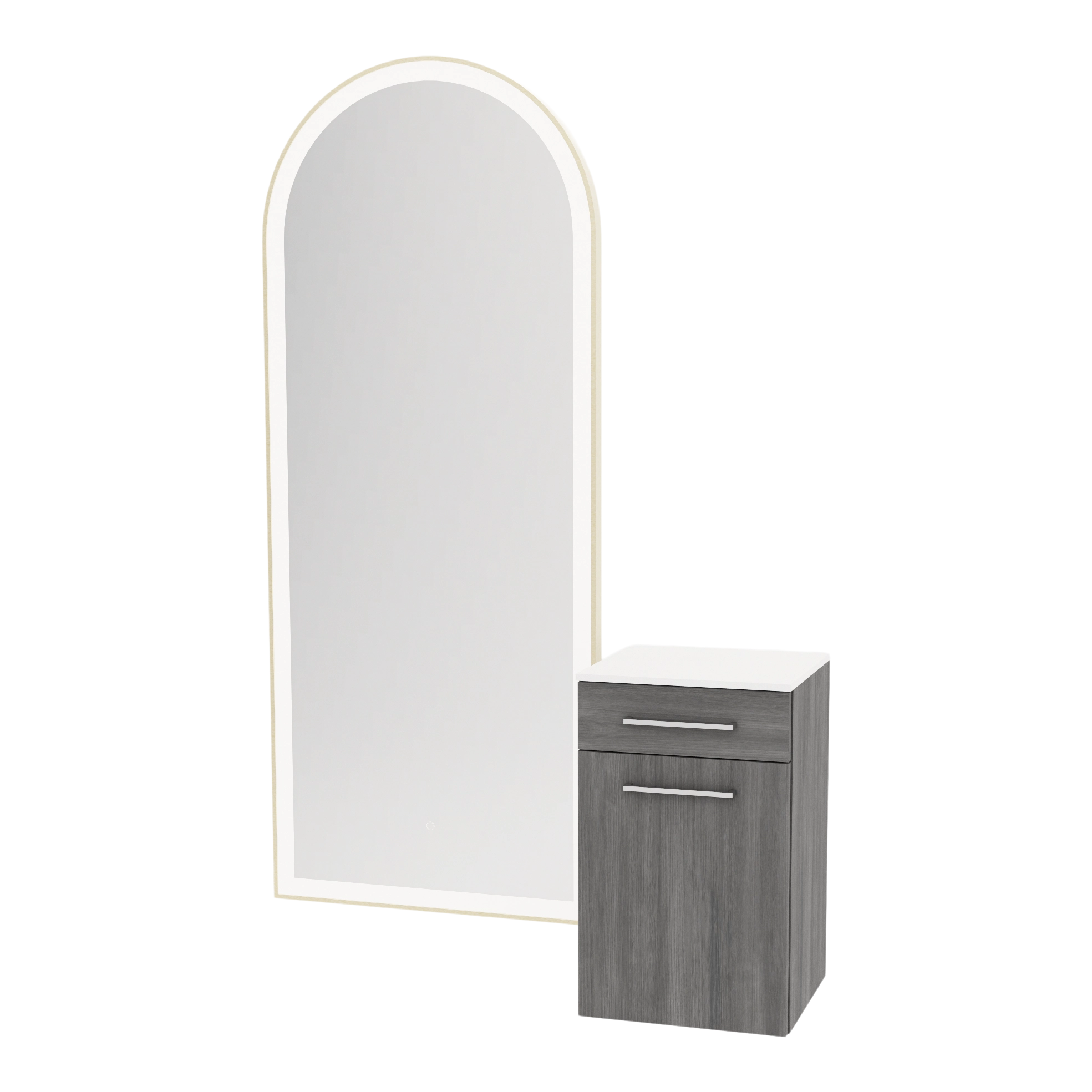 Glo Wall Mount Styling Station with Tilt-out Appliance Holder, Solid Surface Countertop, and Gold Full-Length Arch Paloma Mirror