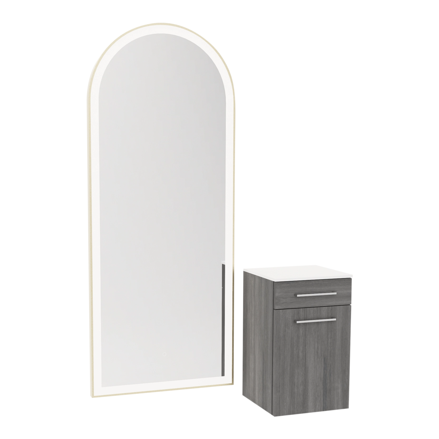 Glo Wall Mount Styling Station with Tilt-out Appliance Holder, Solid Surface Countertop, and Gold Full-Length Arch Paloma Mirror