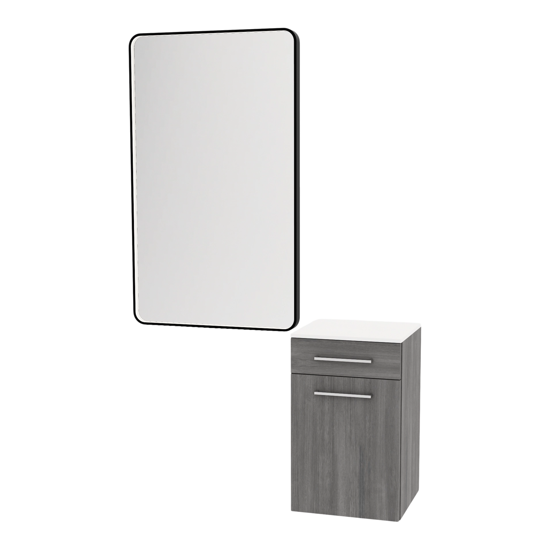 Glo Laminate Wall Mount Styling Station with Solid Surface Countertop, Tilt-Out Appliance Holder, and Westin Rectangle Mirror