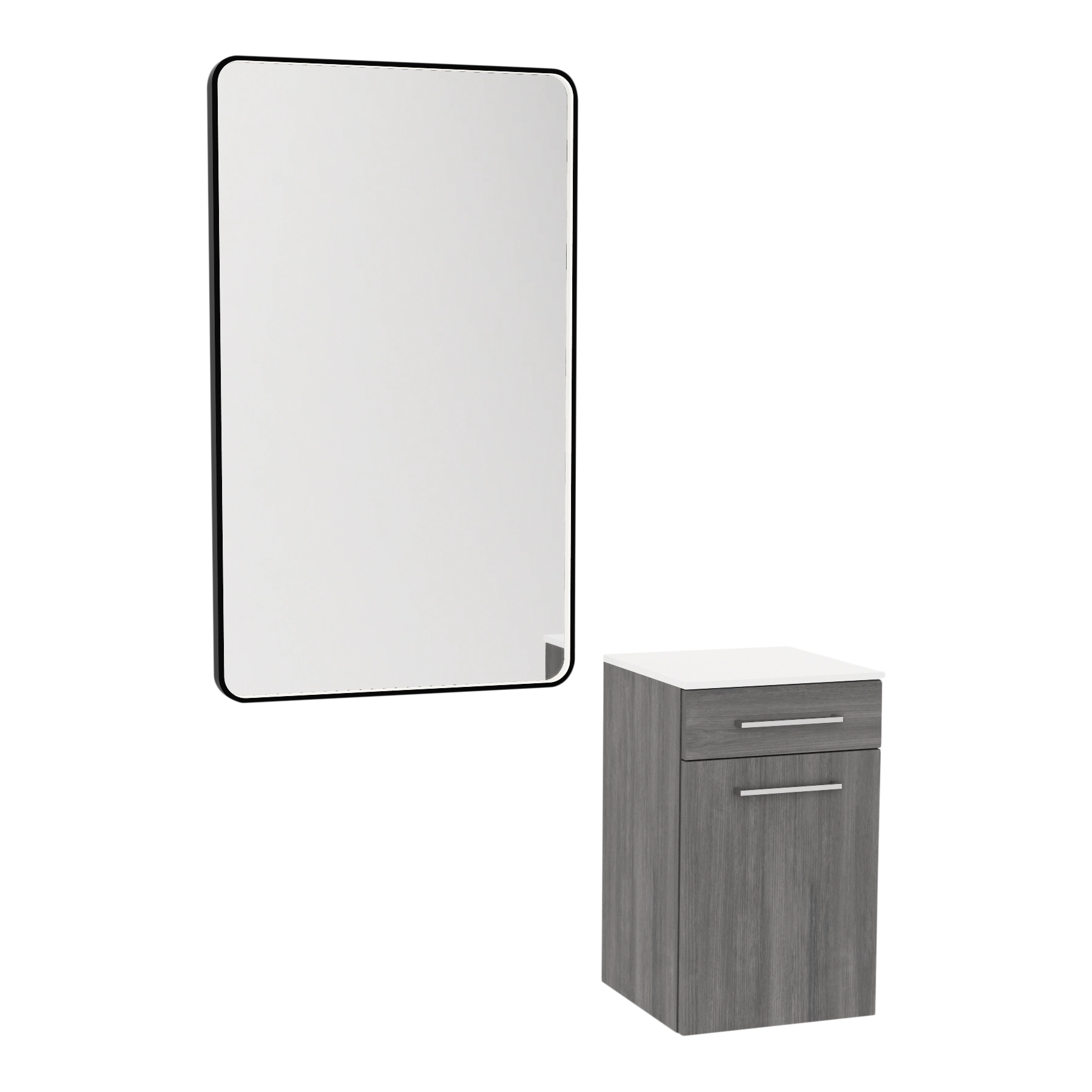 Glo Laminate Wall Mount Styling Station with Solid Surface Countertop, Tilt-Out Appliance Holder, and Westin Rectangle Mirror