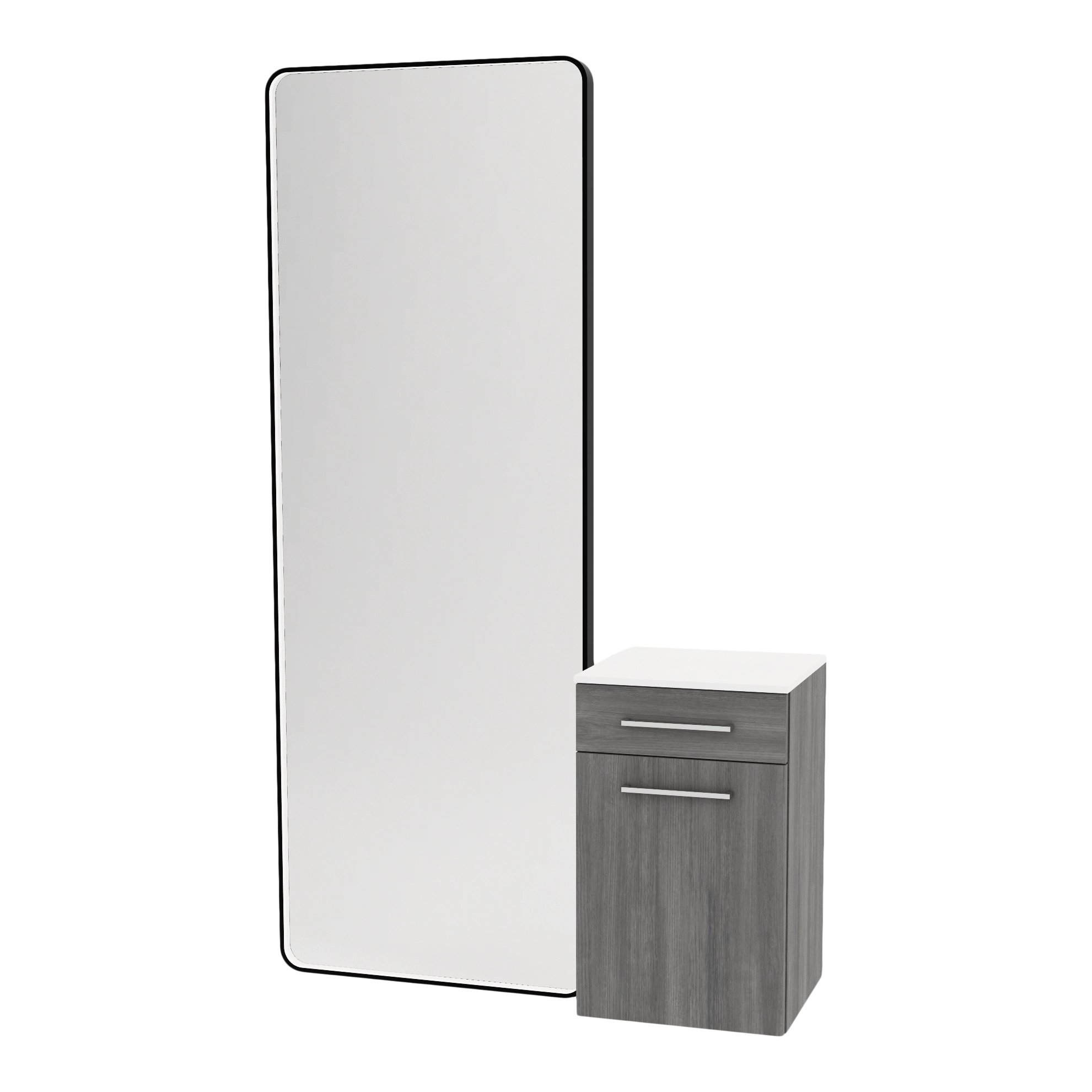 Glo Wall Mount Styling Station with Tilt-out Appliance Holder, Solid Surface Countertop, and Black Full-Length Rectangle Westin Mirror