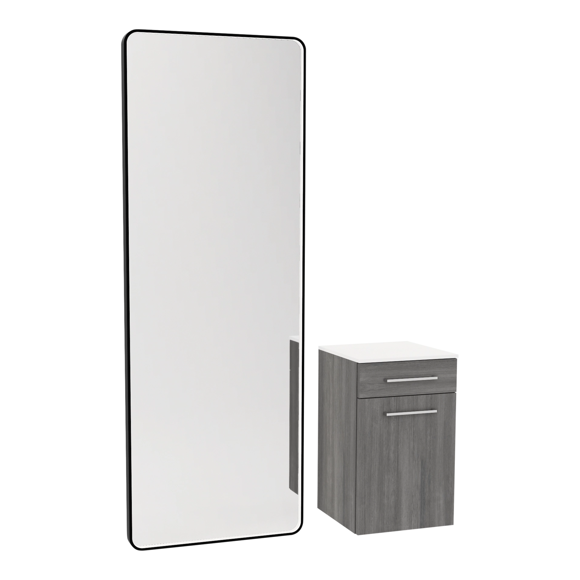 Glo Wall Mount Styling Station with Tilt-out Appliance Holder, Solid Surface Countertop, and Black Full-Length Rectangle Westin Mirror