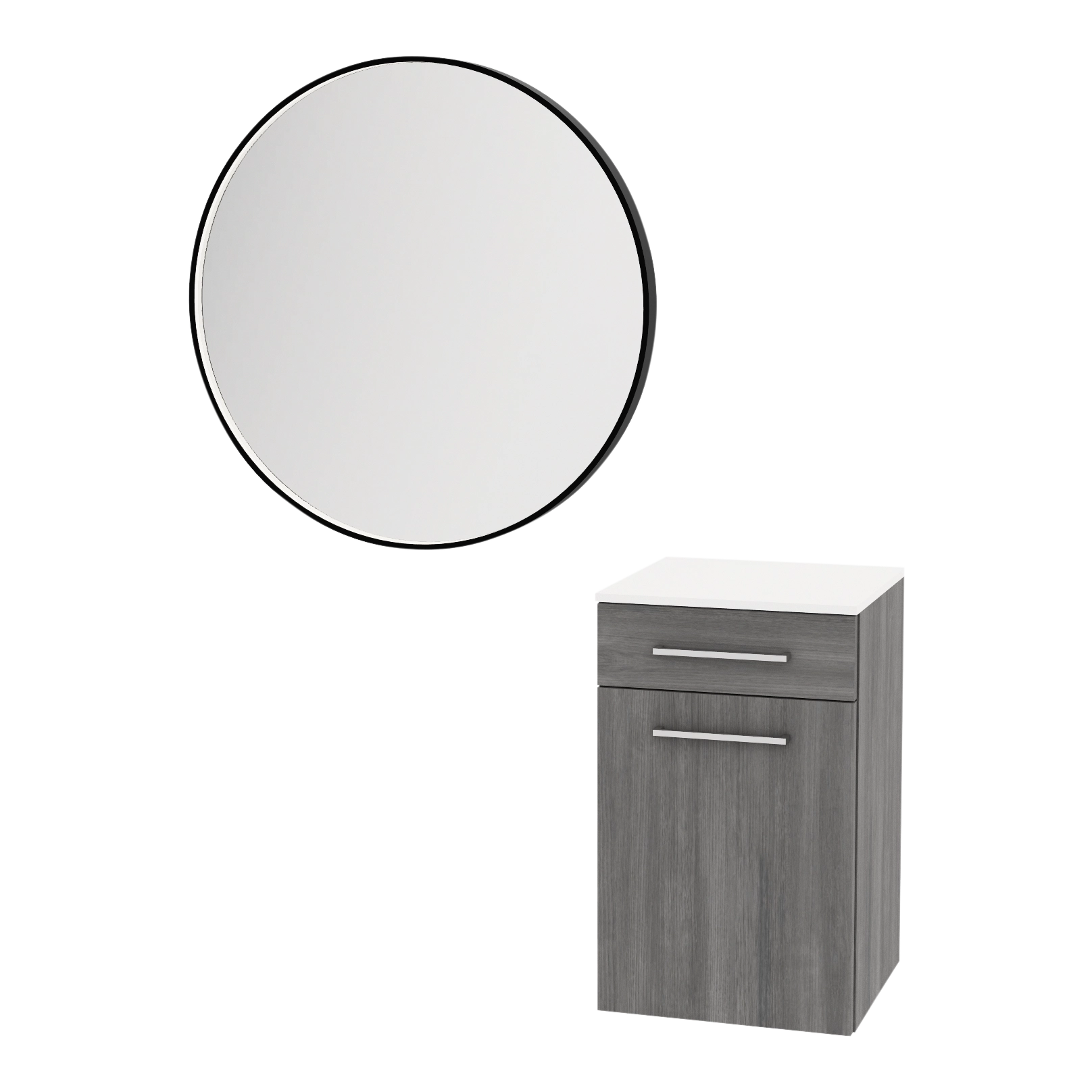 Glo Wall Mount Styling Station with Tilt-out Appliance Holder, Solid Surface Countertop, and Silver Round Glo Mirror