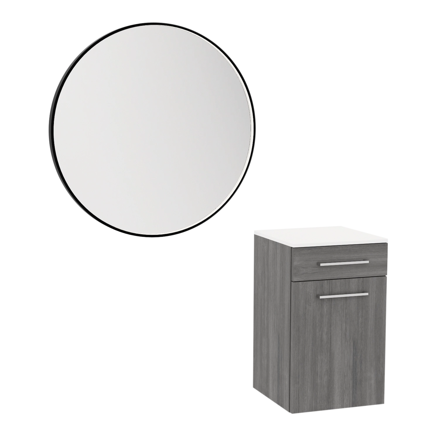 Glo Wall Mount Styling Station with Tilt-out Appliance Holder, Solid Surface Countertop, and Silver Round Glo Mirror