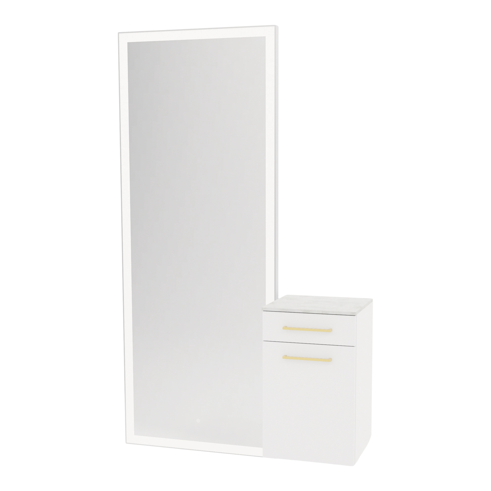 Glo Wall Mount Styling Station with Tilt-out Appliance Holder, Solid Surface Countertop, and Silver Full-Length Rectangle Glo Mirror