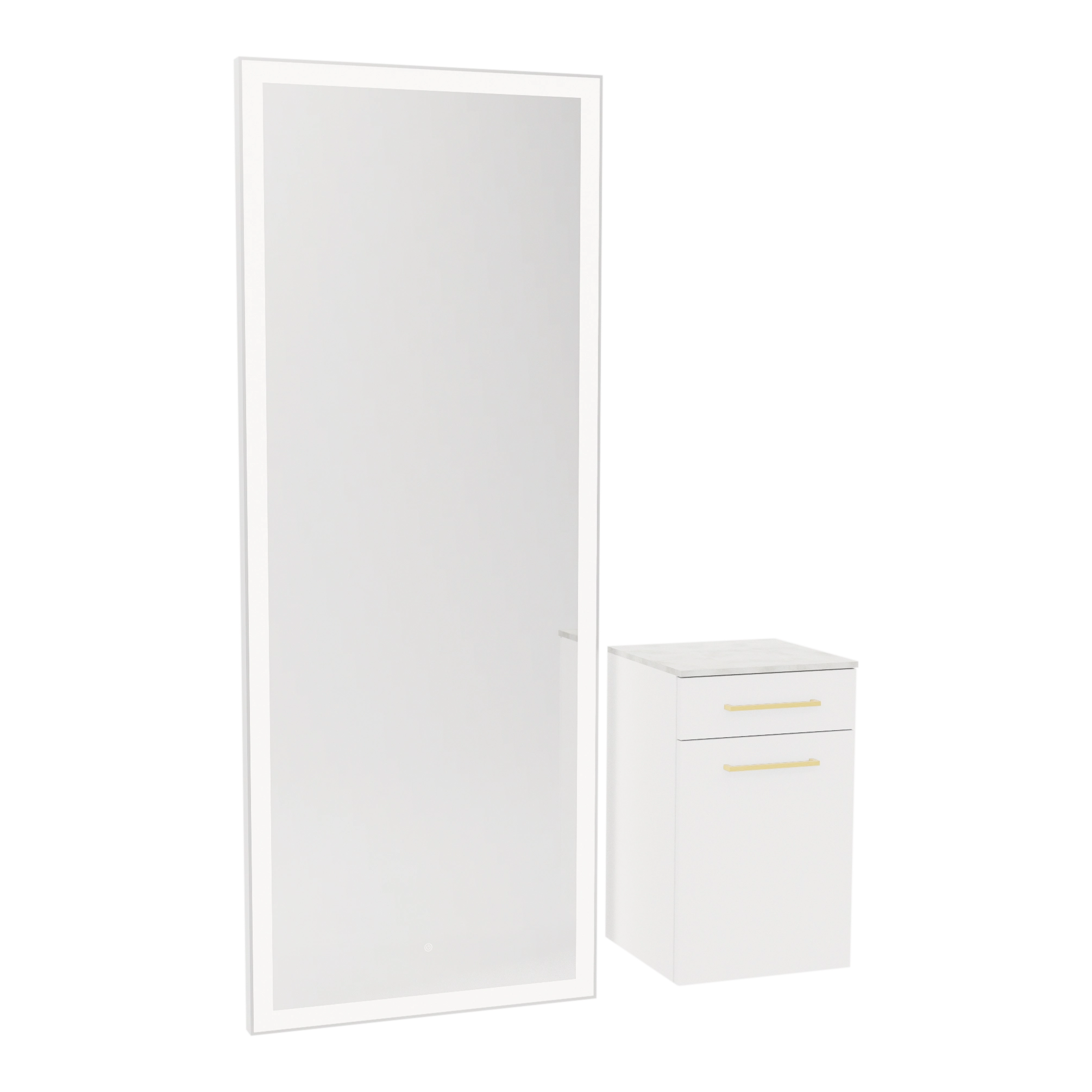 Glo Wall Mount Styling Station with Tilt-out Appliance Holder, Solid Surface Countertop, and Silver Full-Length Rectangle Glo Mirror