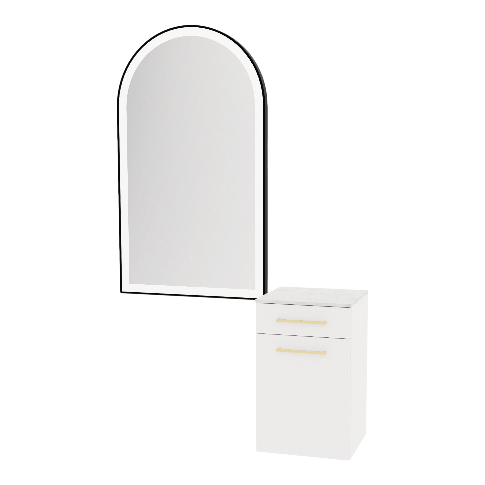 Glo Wall Mount Styling Station with Tilt-out Appliance Holder, Solid Surface Countertop, and Black Arch Paloma Mirror