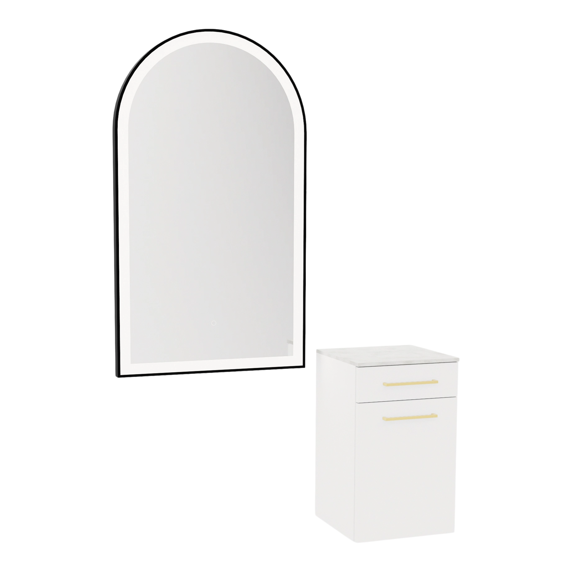 Glo Wall Mount Styling Station with Tilt-out Appliance Holder, Solid Surface Countertop, and Black Arch Paloma Mirror