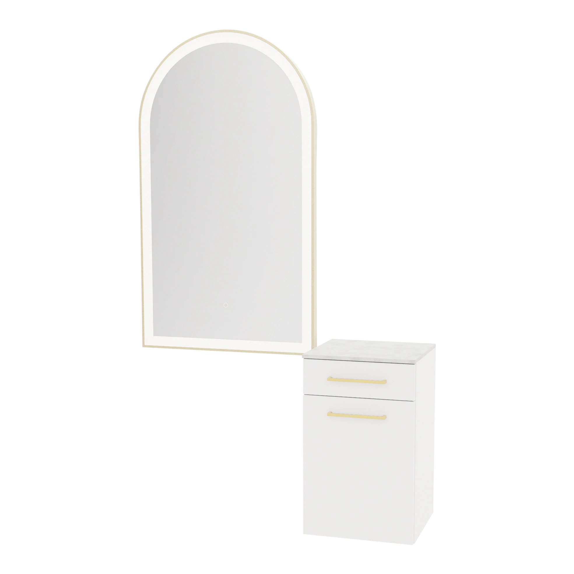 Glo Wall Mount Styling Station with Tilt-out Appliance Holder, Solid Surface Countertop, and Gold Arch Paloma Mirror