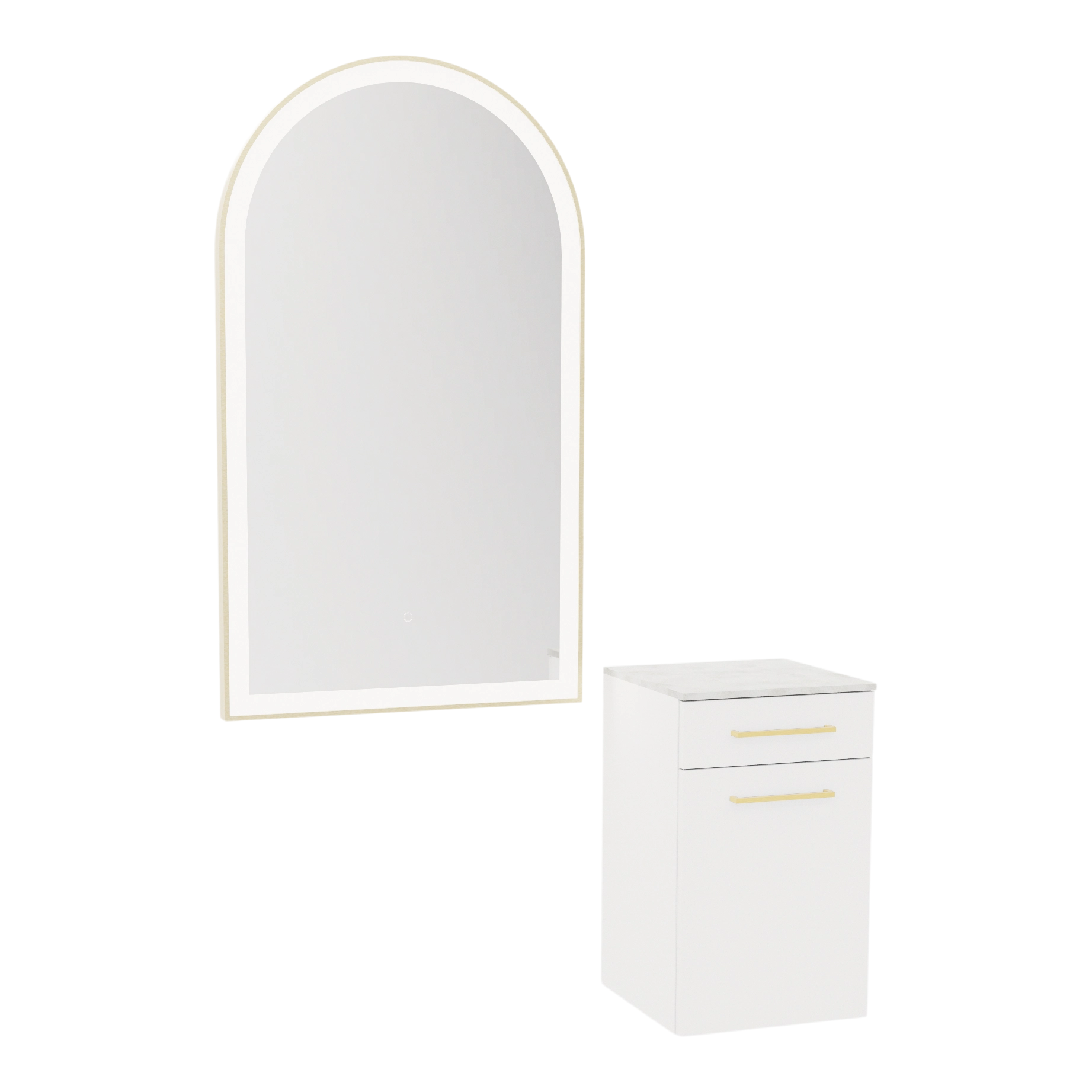 Glo Wall Mount Styling Station with Tilt-out Appliance Holder, Solid Surface Countertop, and Gold Arch Paloma Mirror