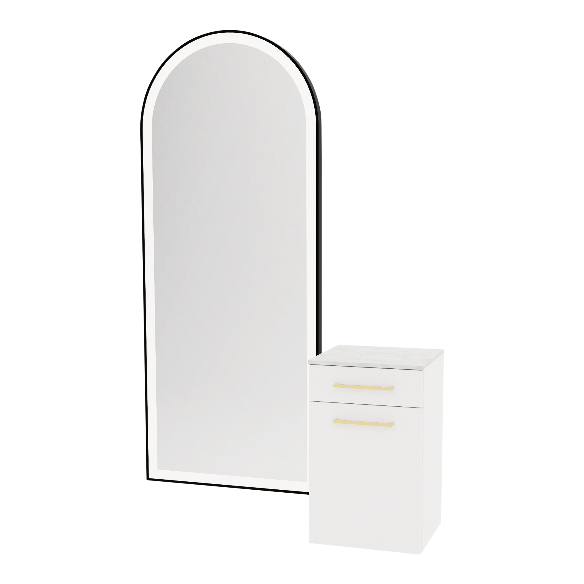 Glo Wall Mount Styling Station with Tilt-out Appliance Holder, Solid Surface Countertop, and Black Full-Length Arch Paloma Mirror