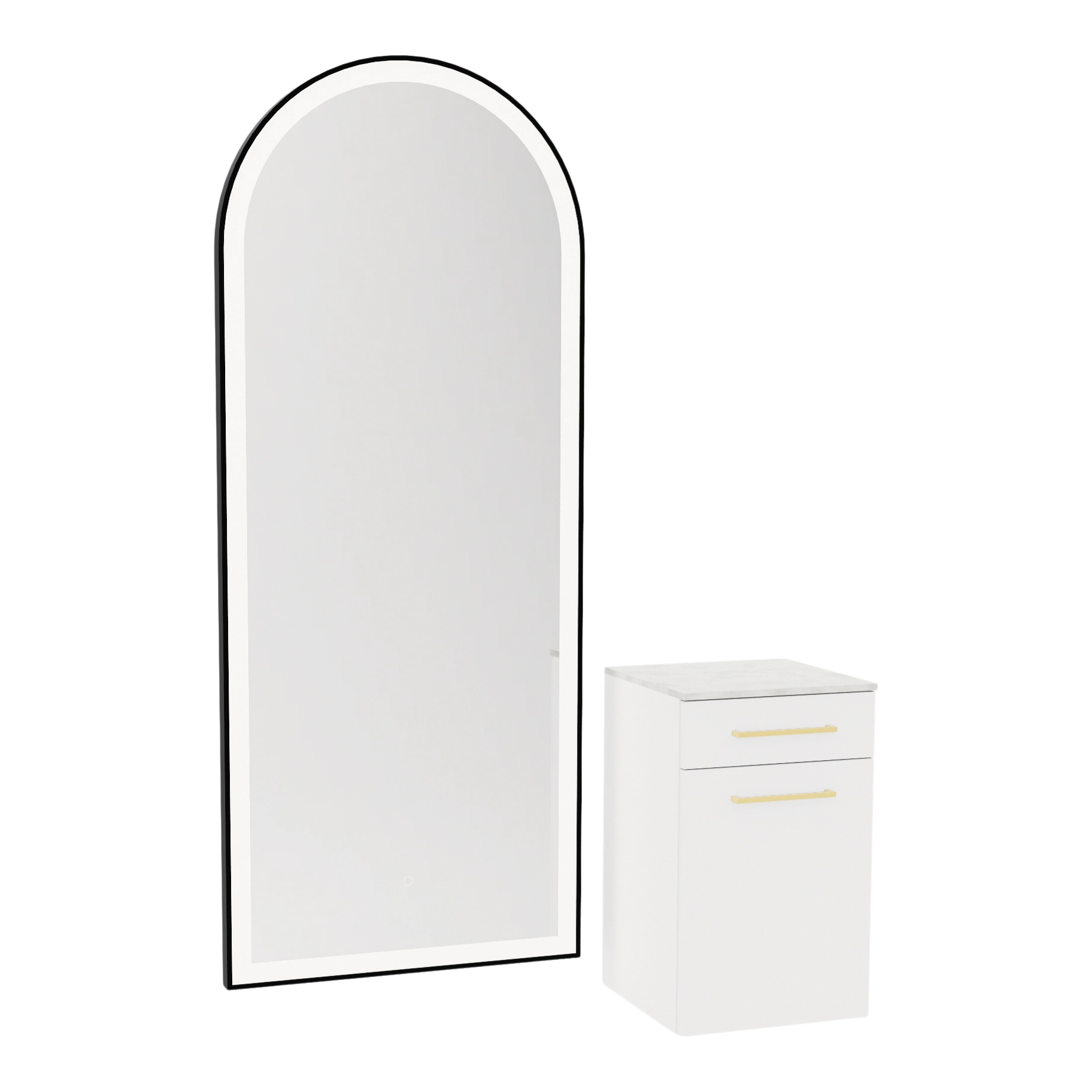 Glo Wall Mount Styling Station with Tilt-out Appliance Holder, Solid Surface Countertop, and Black Full-Length Arch Paloma Mirror