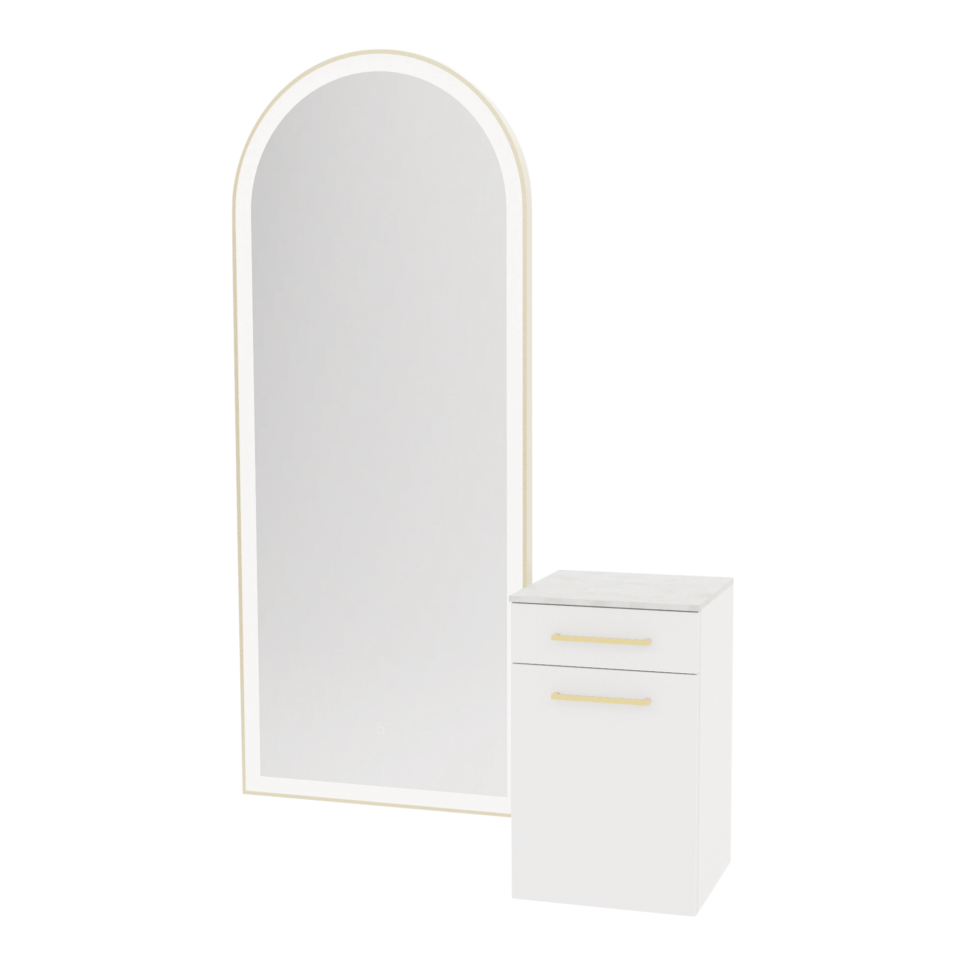 Glo Wall Mount Styling Station with Tilt-out Appliance Holder, Solid Surface Countertop, and Gold Full-Length Arch Paloma Mirror