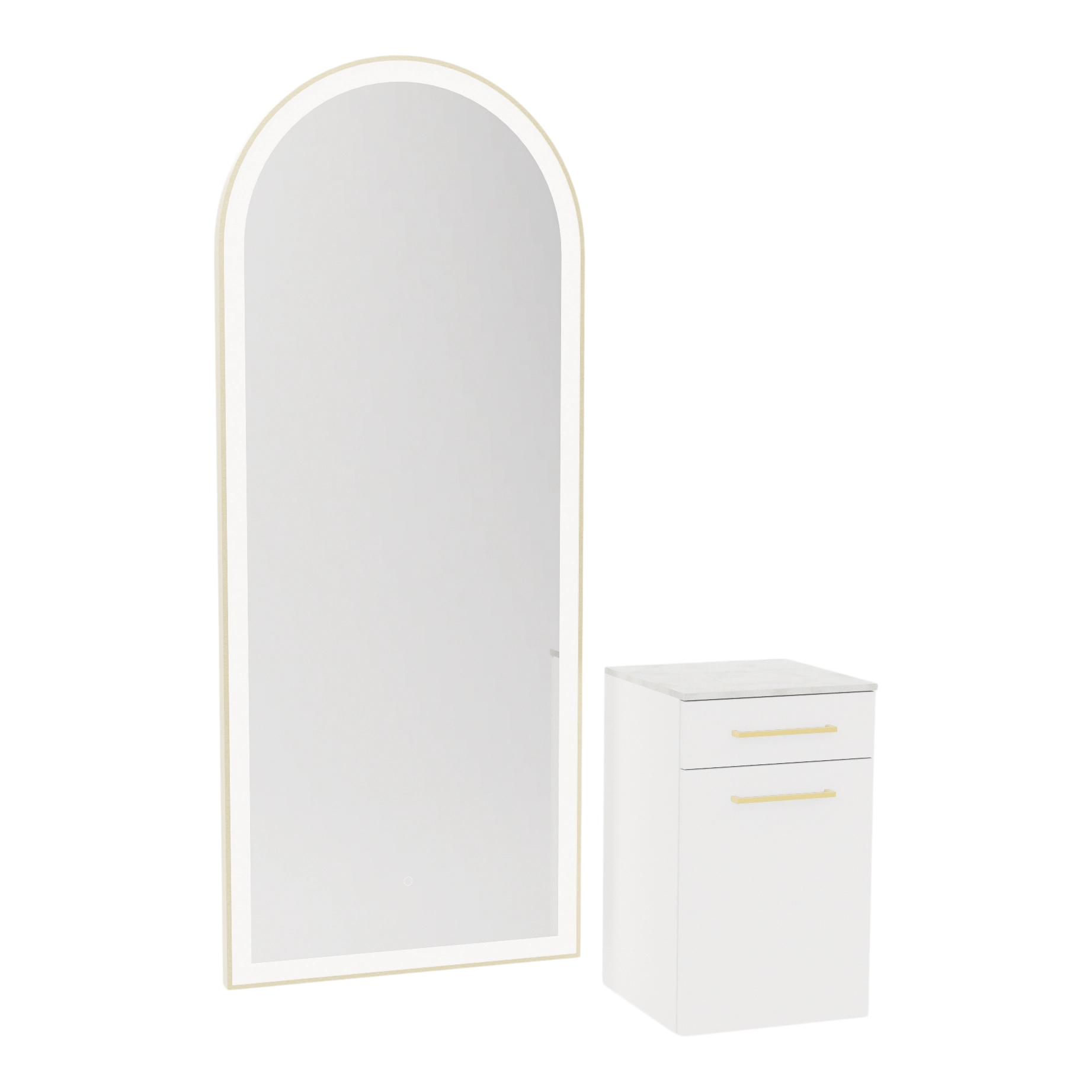 Glo Wall Mount Styling Station with Tilt-out Appliance Holder, Solid Surface Countertop, and Gold Full-Length Arch Paloma Mirror