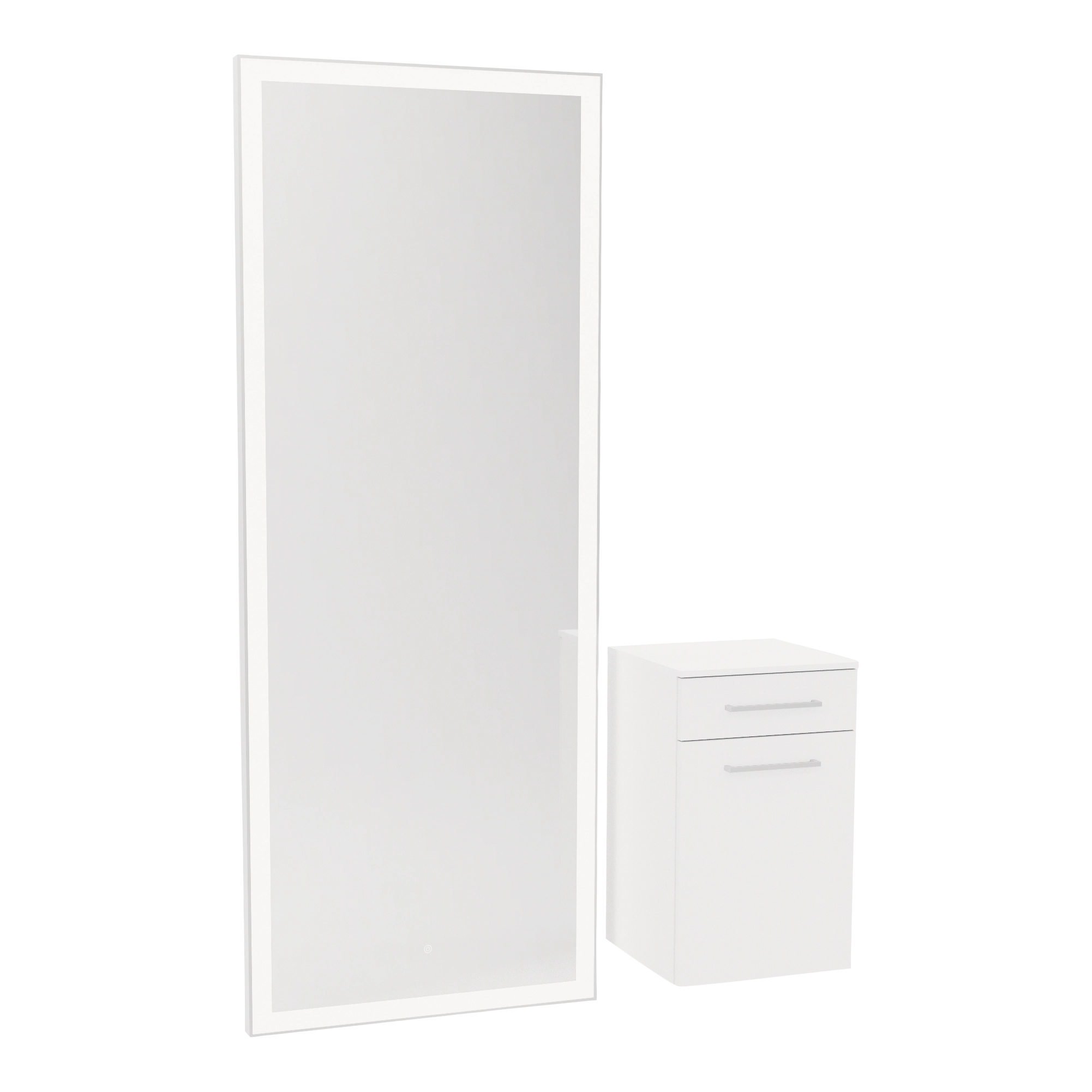 Glo Wall Mount Styling Station with Tilt-out Appliance Holder, Solid Surface Countertop, and Silver Full-Length Rectangle Glo Mirror