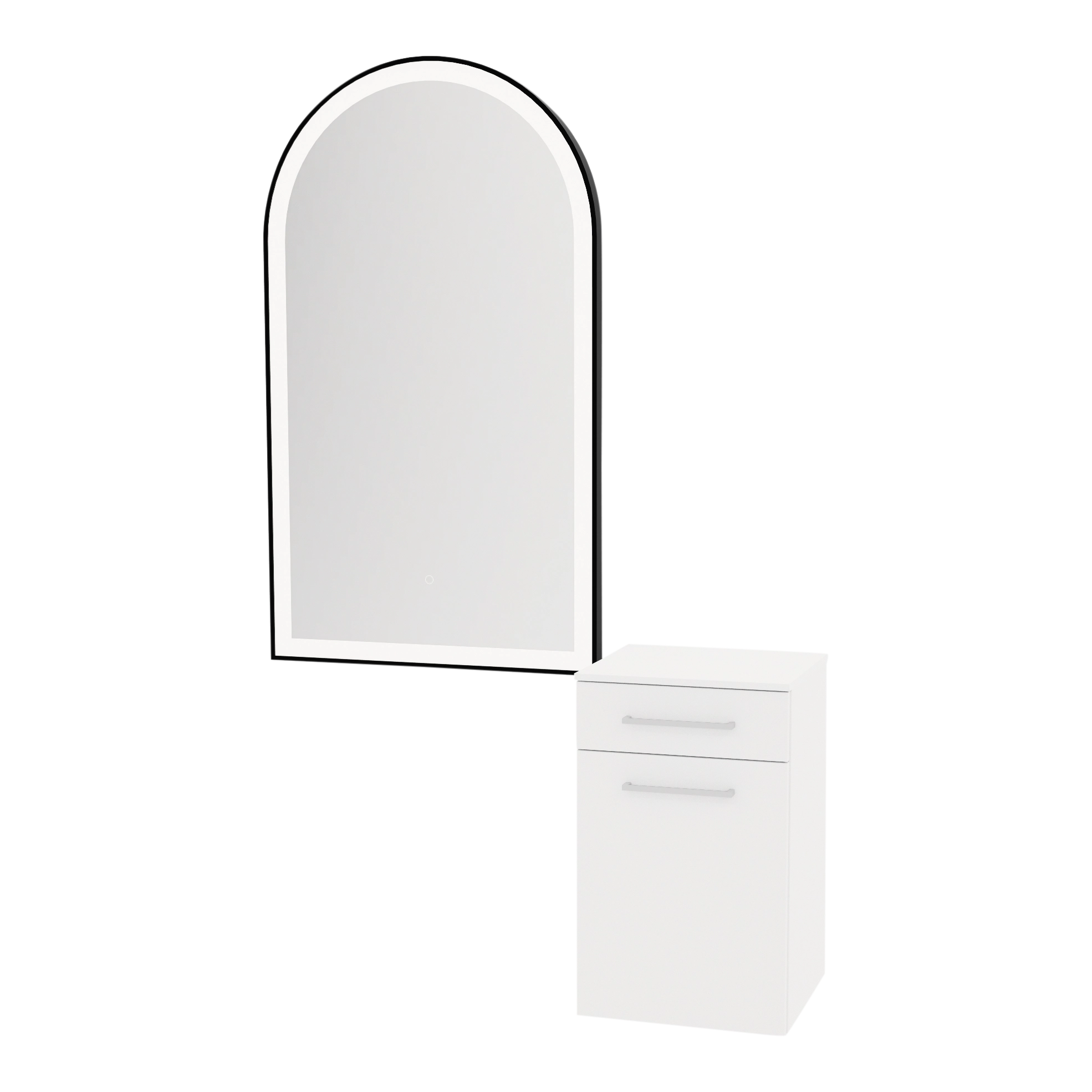 Glo Wall Mount Styling Station with Tilt-out Appliance Holder, Solid Surface Countertop, and Black Arch Paloma Mirror