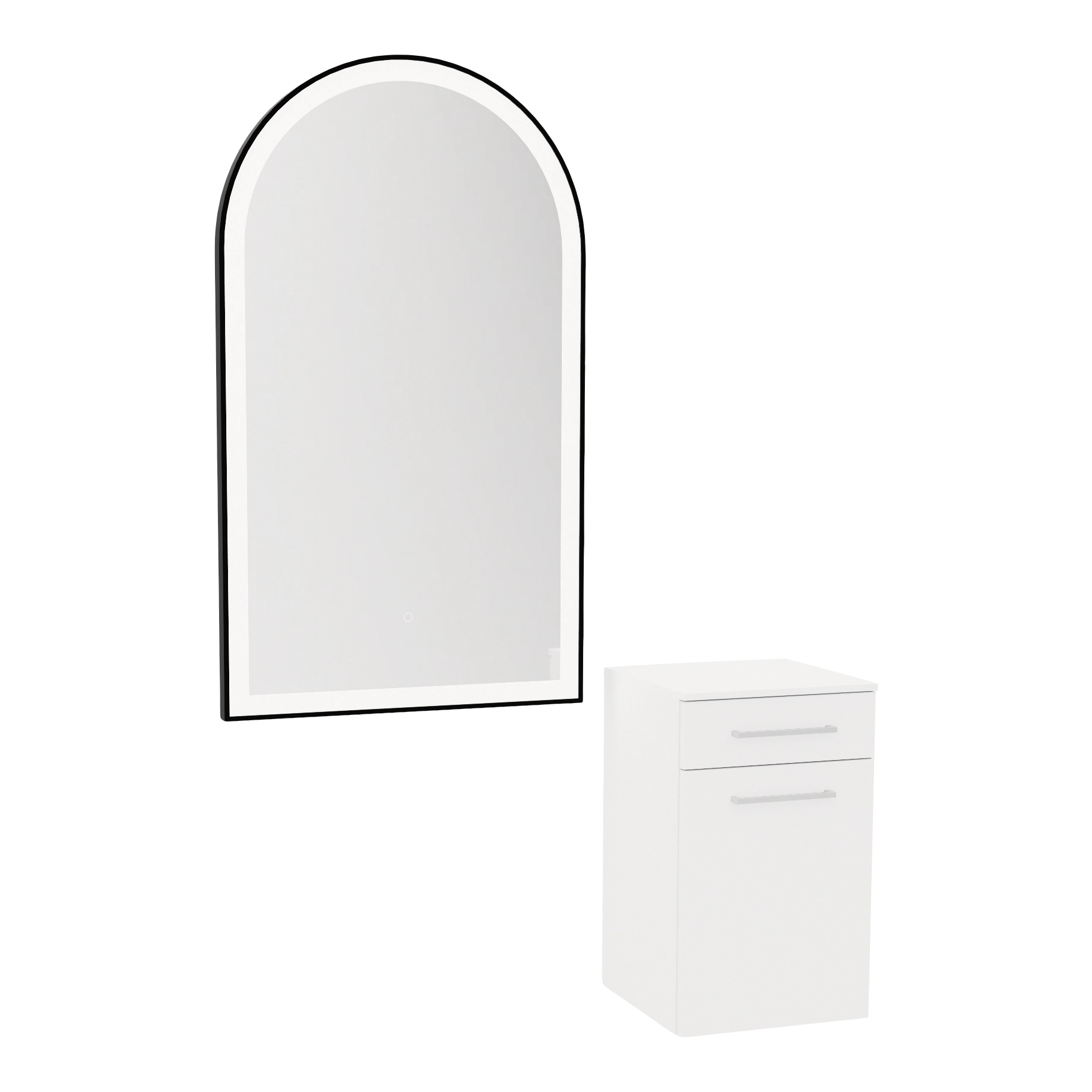 Glo Wall Mount Styling Station with Tilt-out Appliance Holder, Solid Surface Countertop, and Black Arch Paloma Mirror