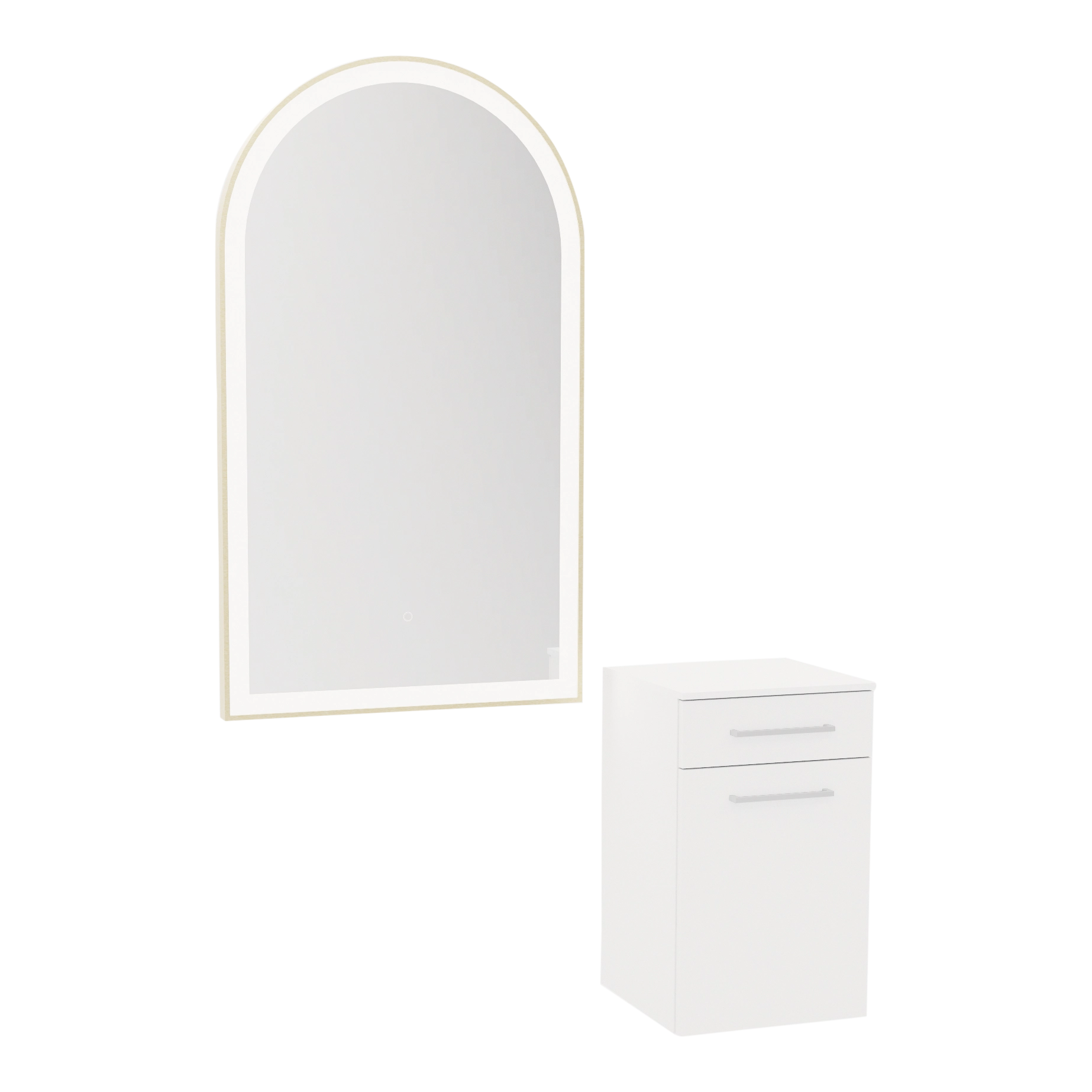 Glo Wall Mount Styling Station with Tilt-out Appliance Holder, Solid Surface Countertop, and Gold Arch Paloma Mirror