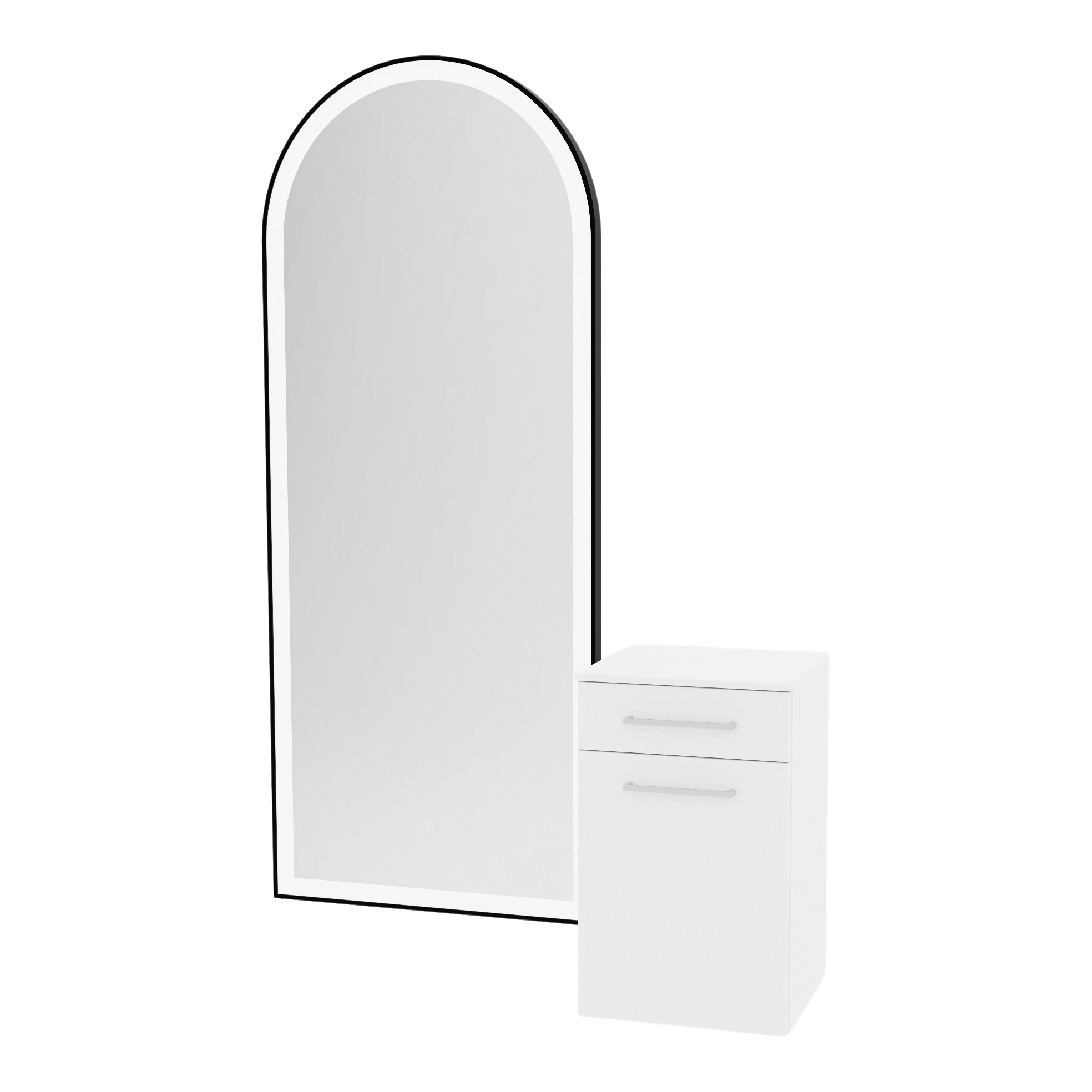 Glo Wall Mount Styling Station with Tilt-out Appliance Holder, Solid Surface Countertop, and Black Full-Length Arch Paloma Mirror