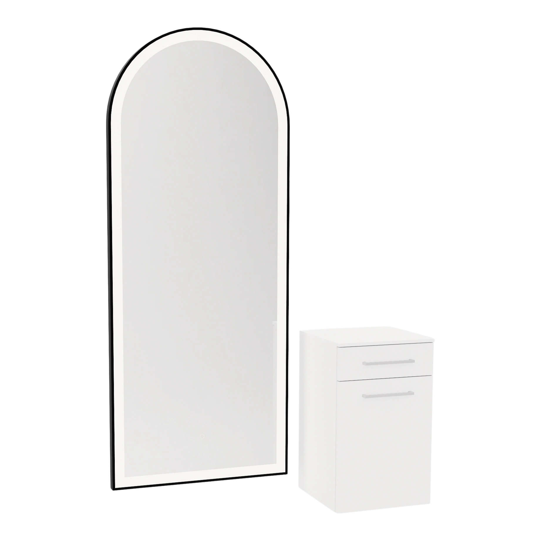 Glo Wall Mount Styling Station with Tilt-out Appliance Holder, Solid Surface Countertop, and Black Full-Length Arch Paloma Mirror