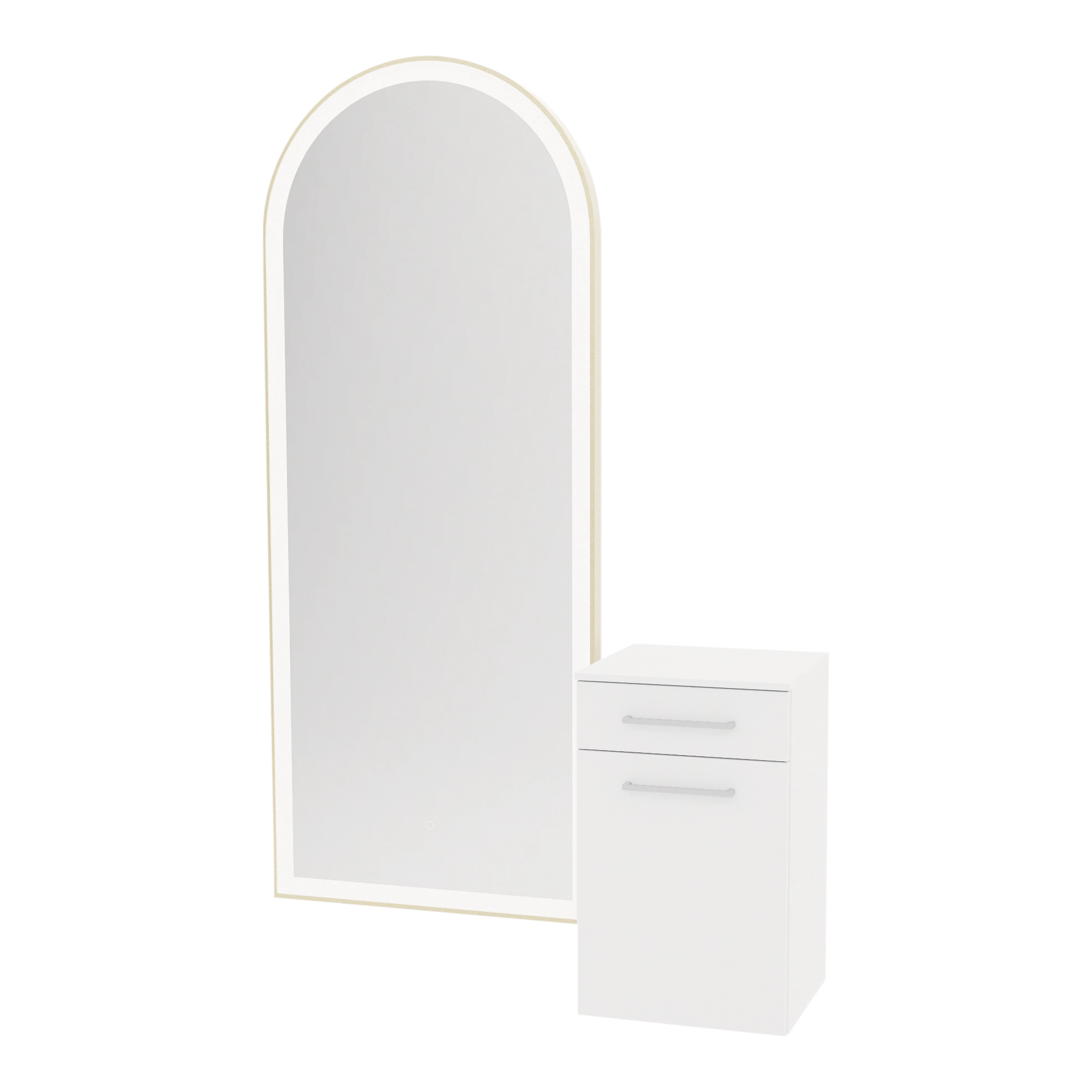 Glo Wall Mount Styling Station with Tilt-out Appliance Holder, Solid Surface Countertop, and Gold Full-Length Arch Paloma Mirror
