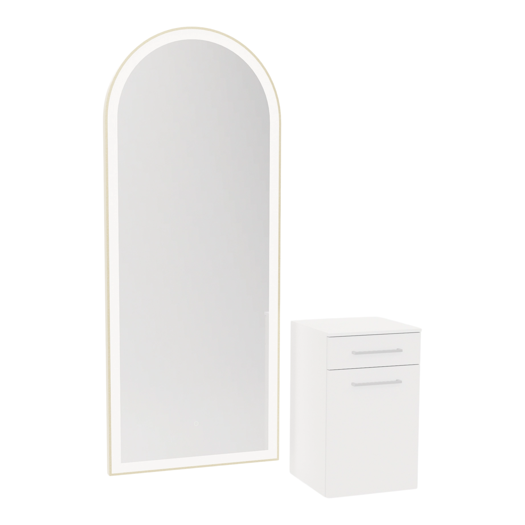 Glo Wall Mount Styling Station with Tilt-out Appliance Holder, Solid Surface Countertop, and Gold Full-Length Arch Paloma Mirror