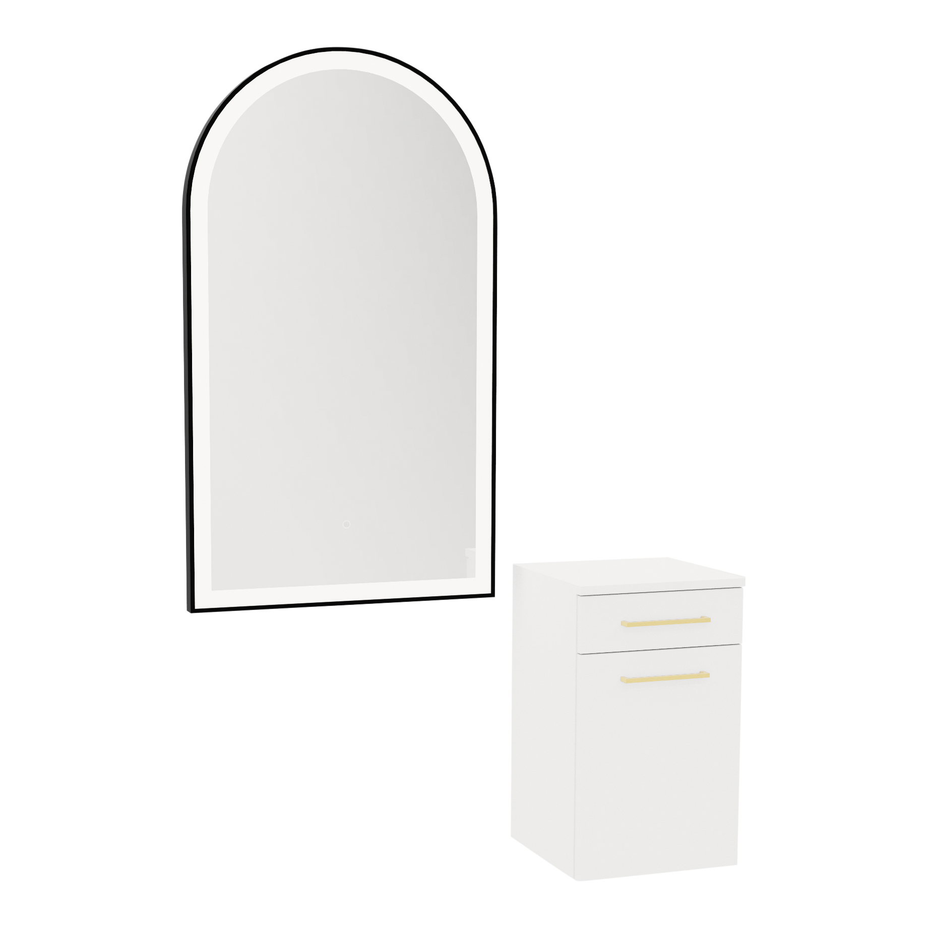 Glo Wall Mount Styling Station with Tilt-out Appliance Holder and Black Arch Paloma Mirror