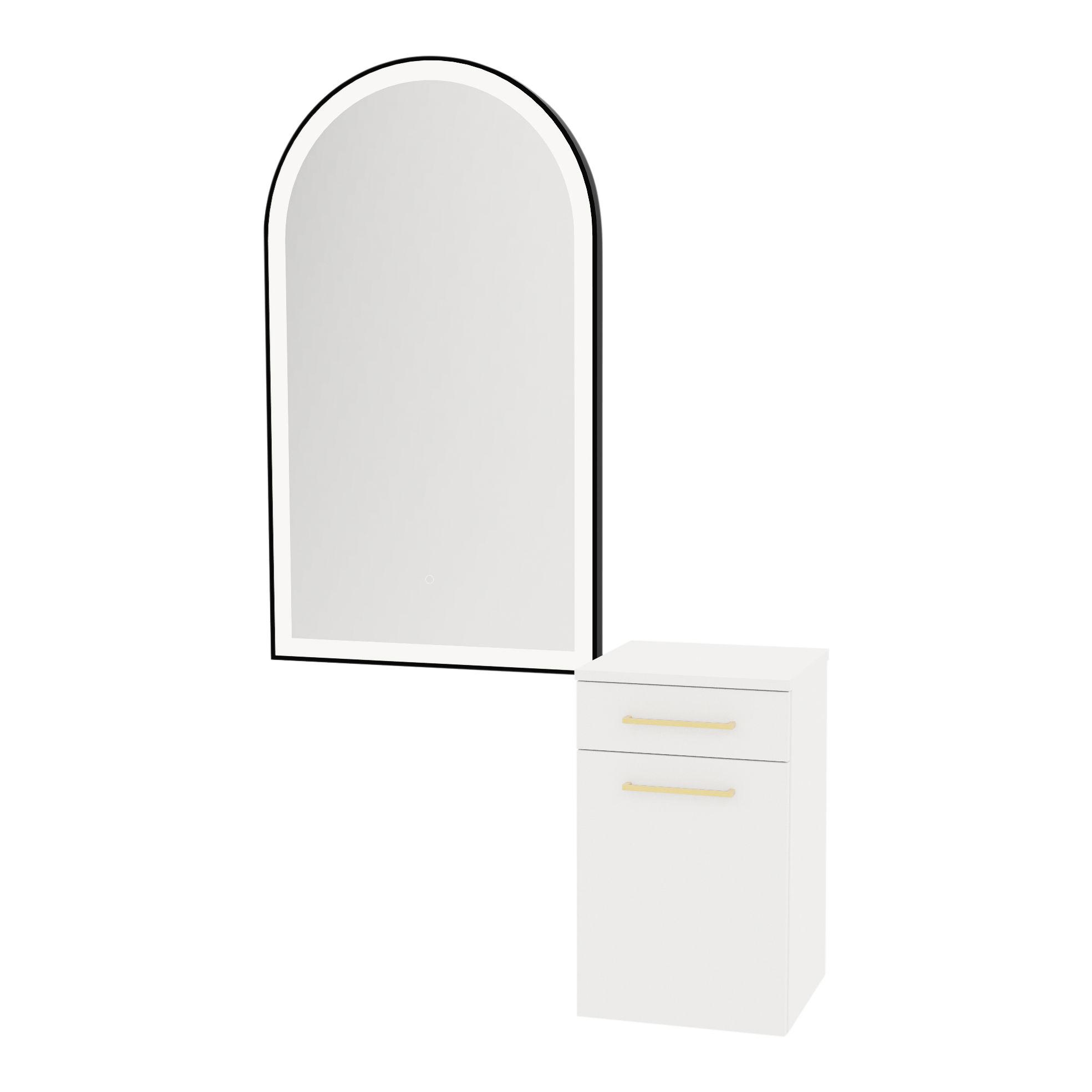 Glo Wall Mount Styling Station with Tilt-out Appliance Holder and Black Arch Paloma Mirror