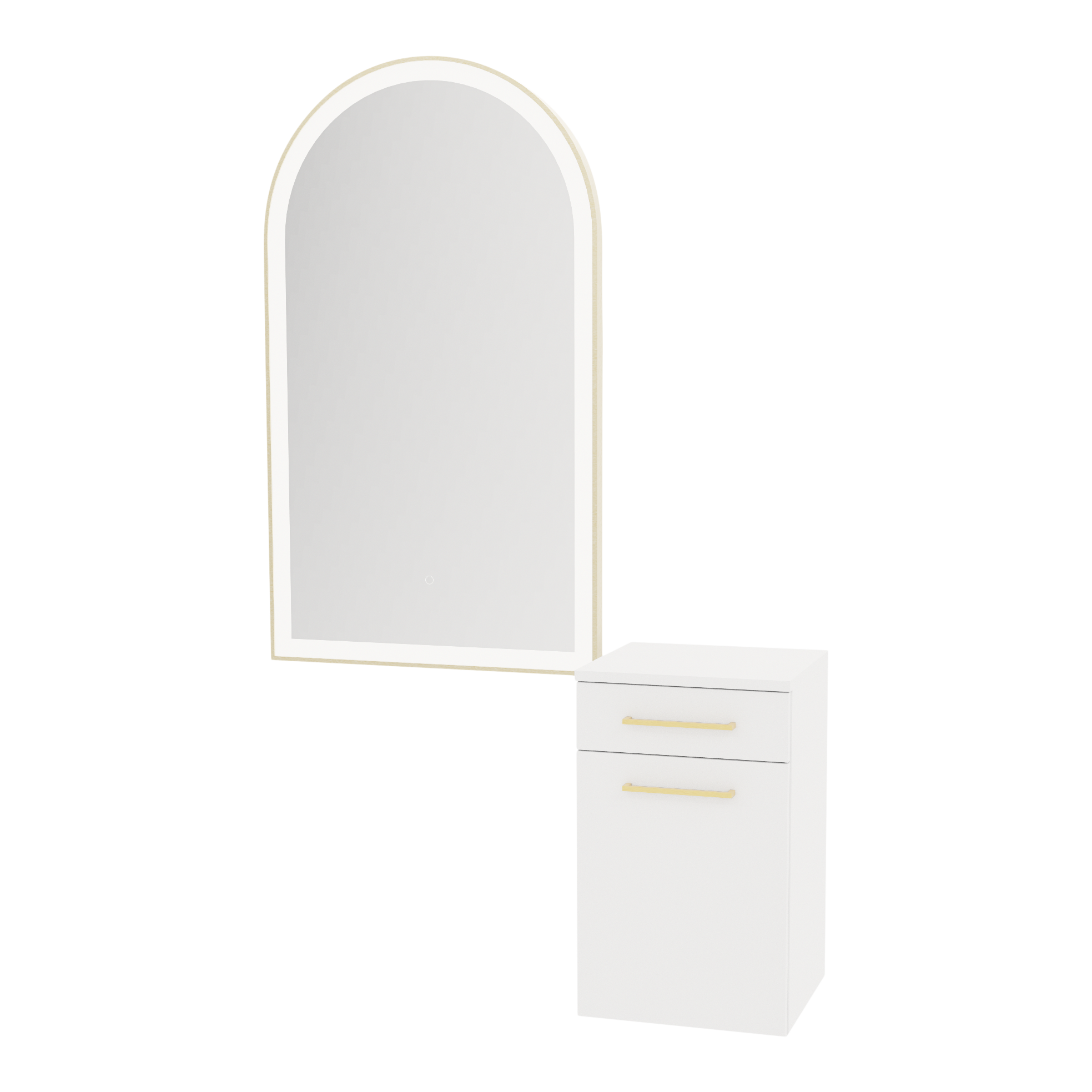 Glo Wall Mount Styling Station with Tilt-out Appliance Holder and Gold Arch Paloma Mirror