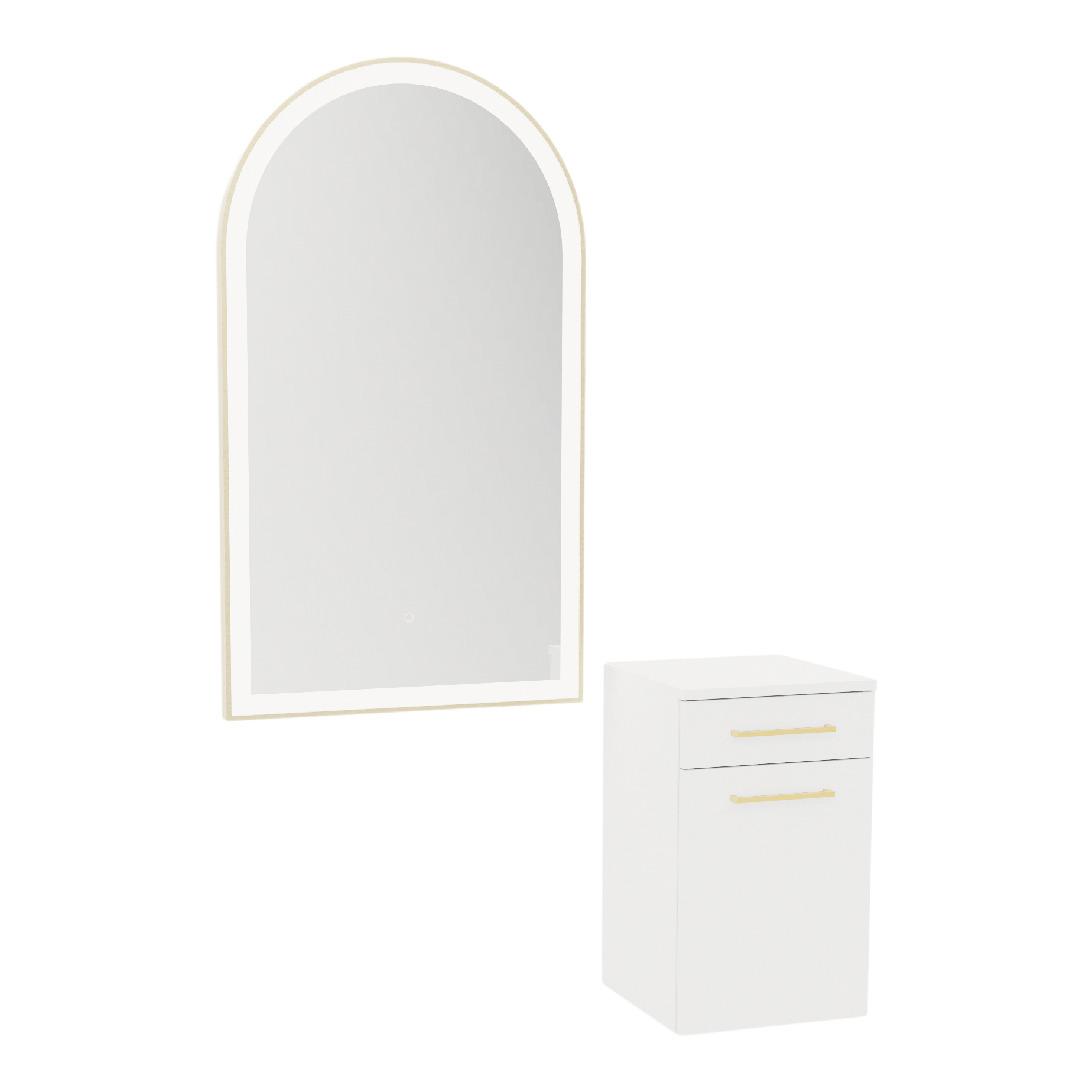 Glo Wall Mount Styling Station with Tilt-out Appliance Holder and Gold Arch Paloma Mirror