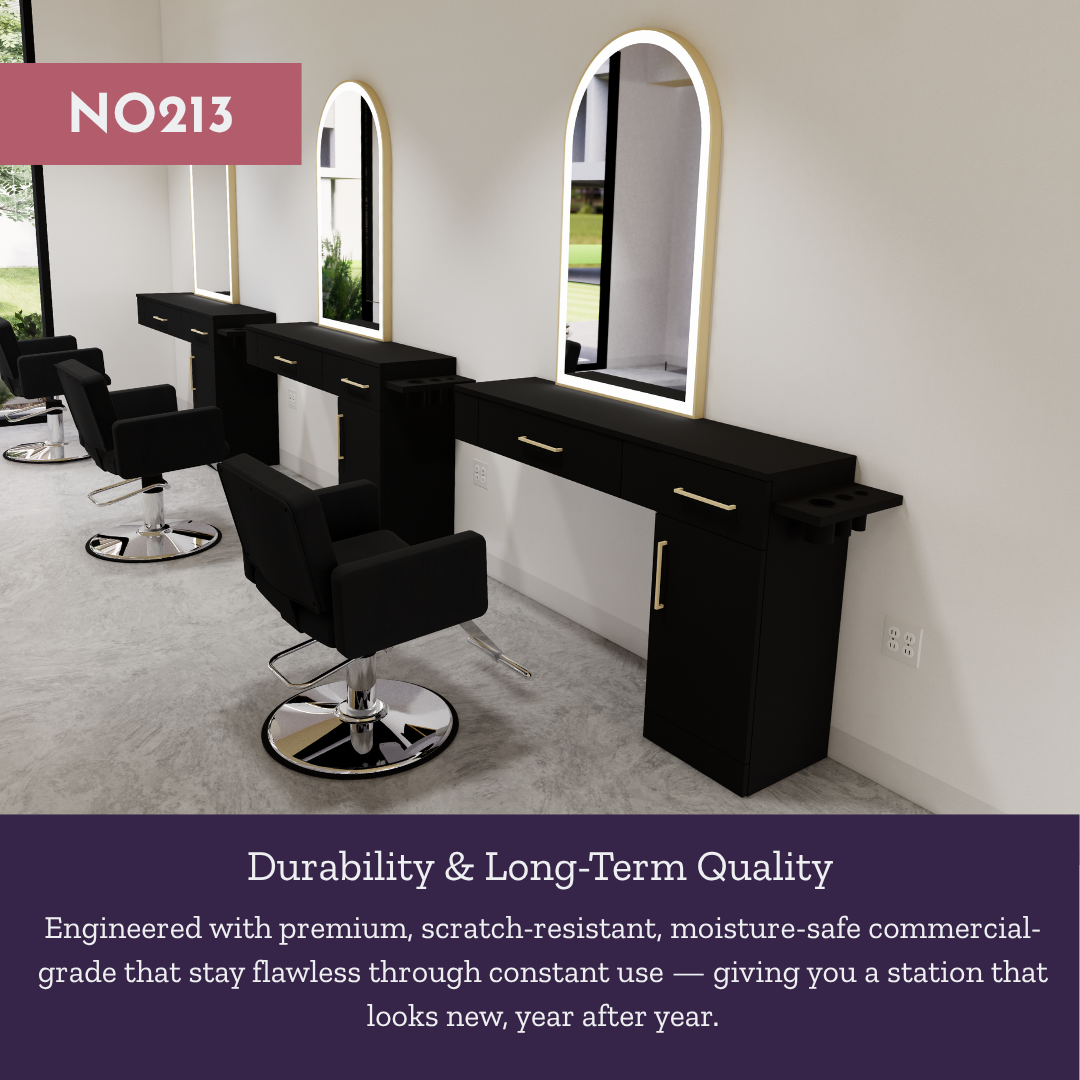 Nova Combo Wall Mount Styling Station with Side-Mount Appliance Holder and Gold Arch Paloma Mirror