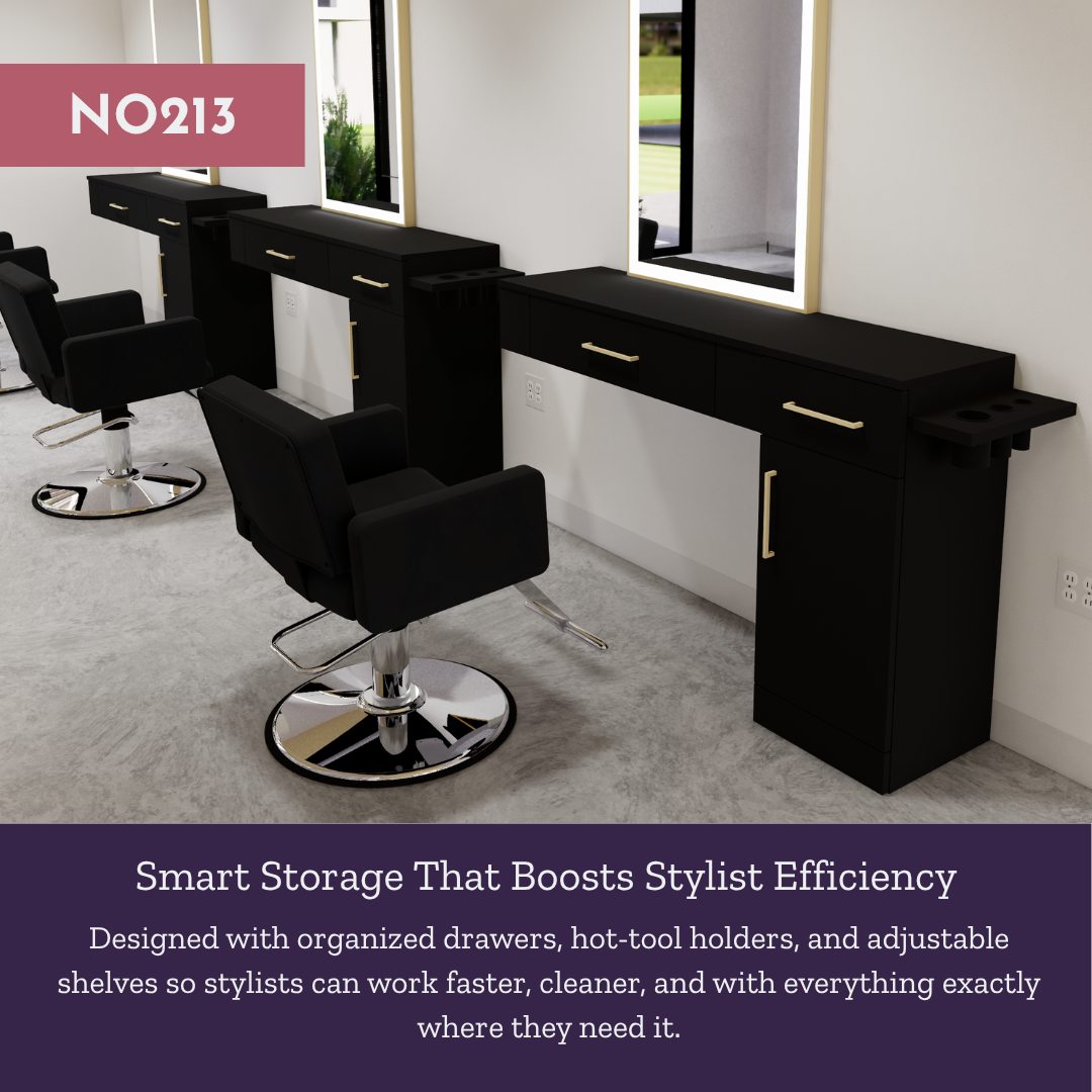 Nova Combo Wall Mount Styling Station with Side-Mount Appliance Holder and Gold Arch Paloma Mirror