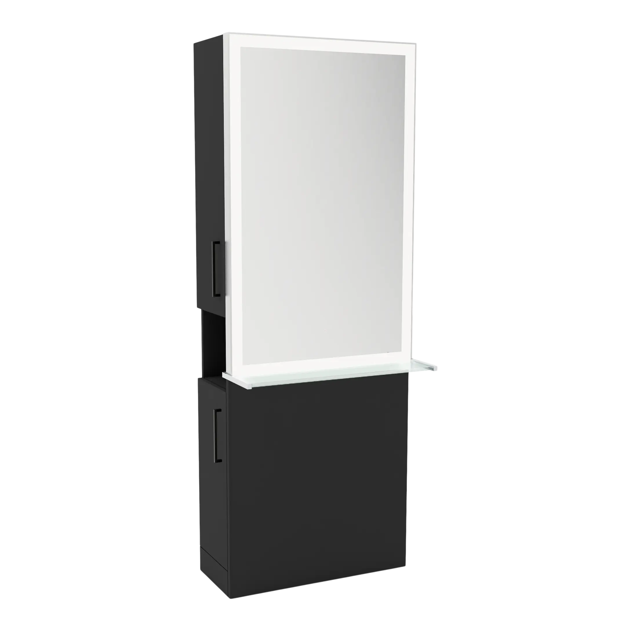 Glo Single Operator Styling Station with Pull-out Appliance Holder, Glass Shelf and Silver Rectangle Glo Mirror