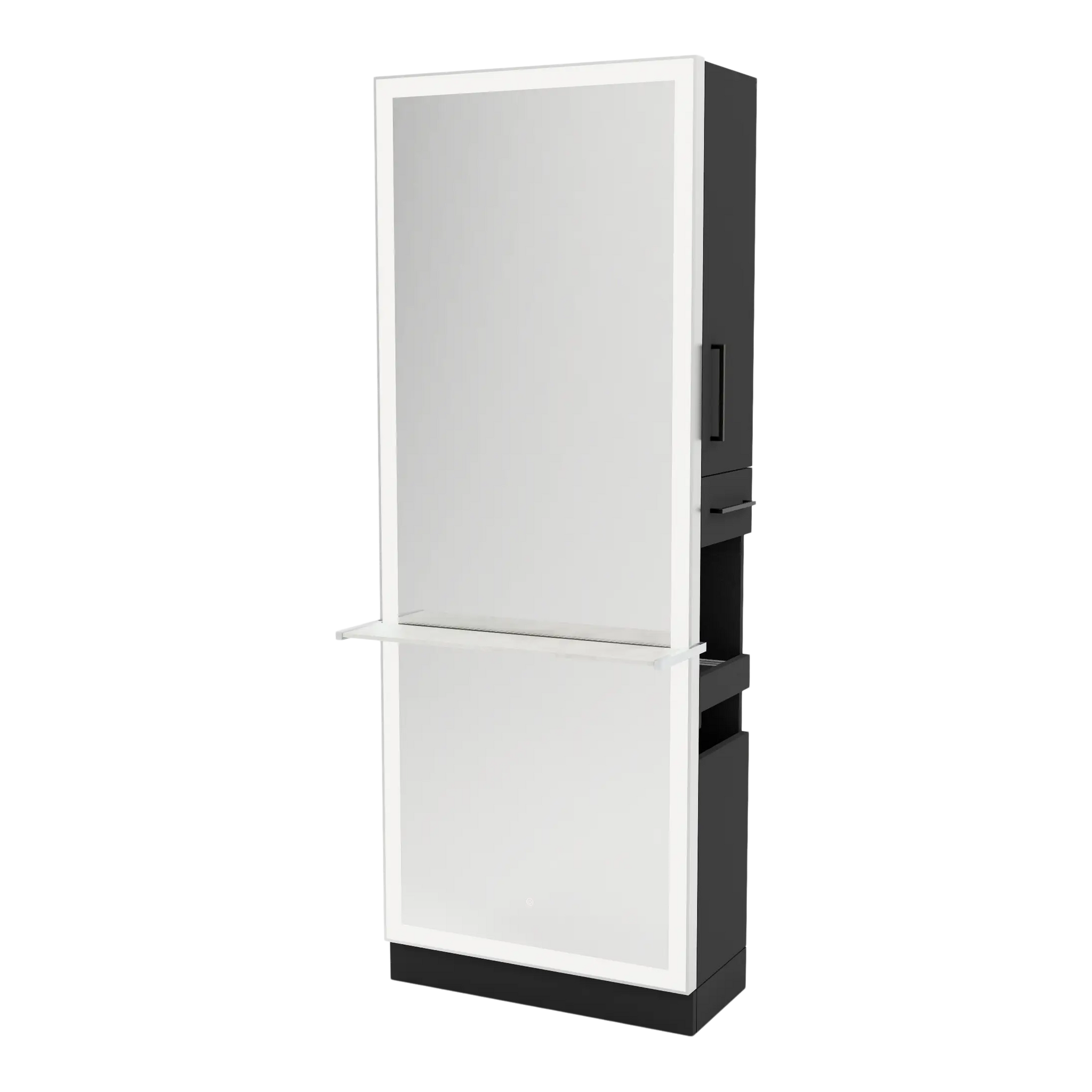 Glo Single Operator Styling Station with Pull-out Appliance Holder, Solid Surface Shelf, and Silver Rectangle Glo Mirror