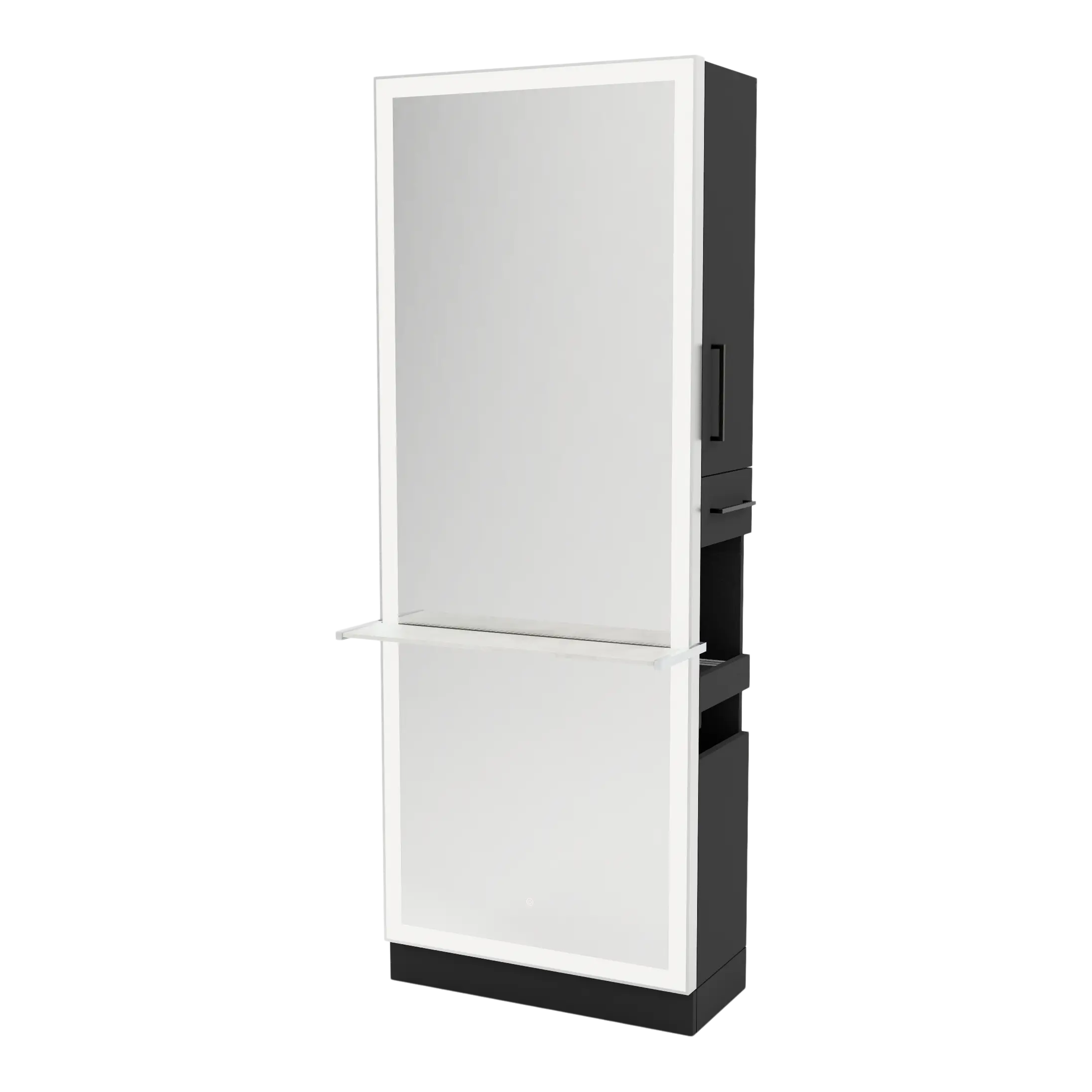 Glo Single Operator Styling Station with Pull-out Appliance Holder, Solid Surface Shelf, and Silver Rectangle Glo Mirror