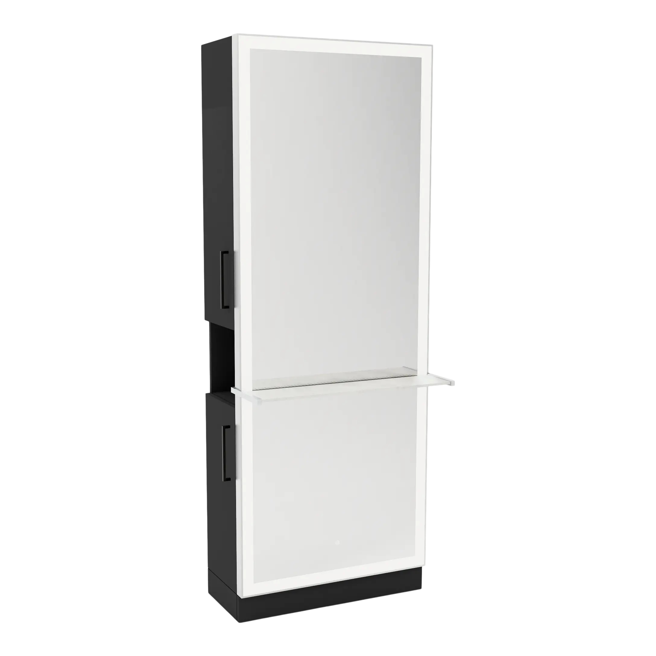 Glo Single Operator Styling Station with Pull-out Appliance Holder, Solid Surface Shelf, and Silver Rectangle Glo Mirror