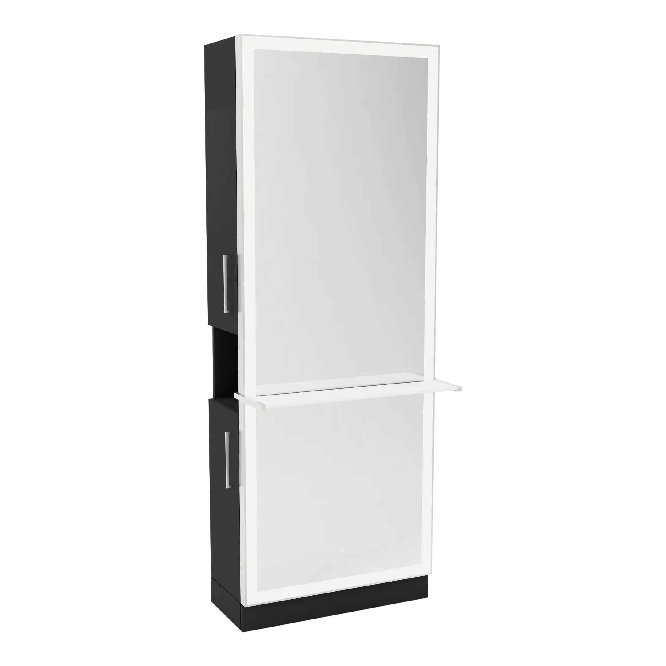 Glo Single Operator Styling Station with Pull-out Appliance Holder, Solid Surface Shelf, and Silver Rectangle Glo Mirror