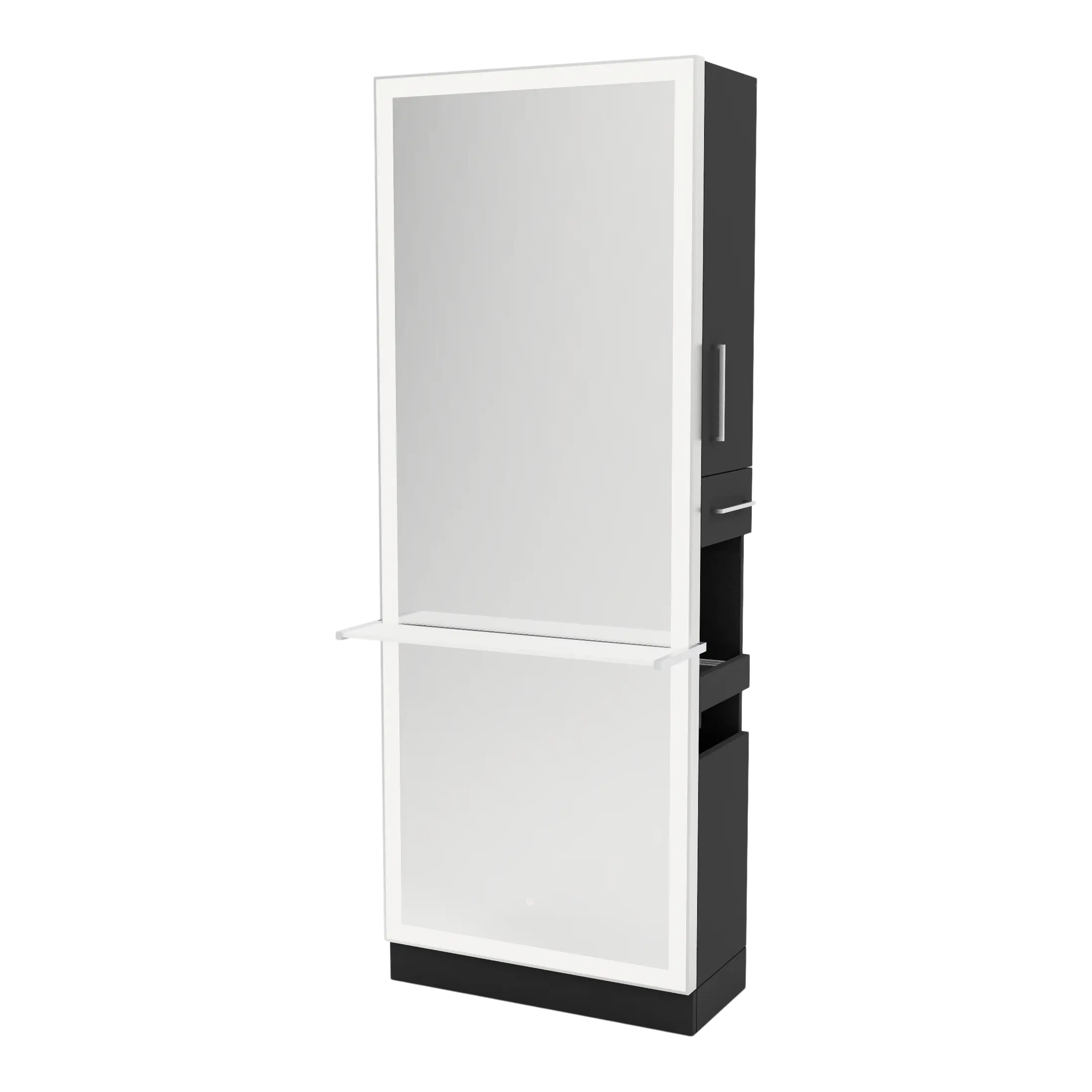 Glo Single Operator Styling Station with Pull-out Appliance Holder, Solid Surface Shelf, and Silver Rectangle Glo Mirror