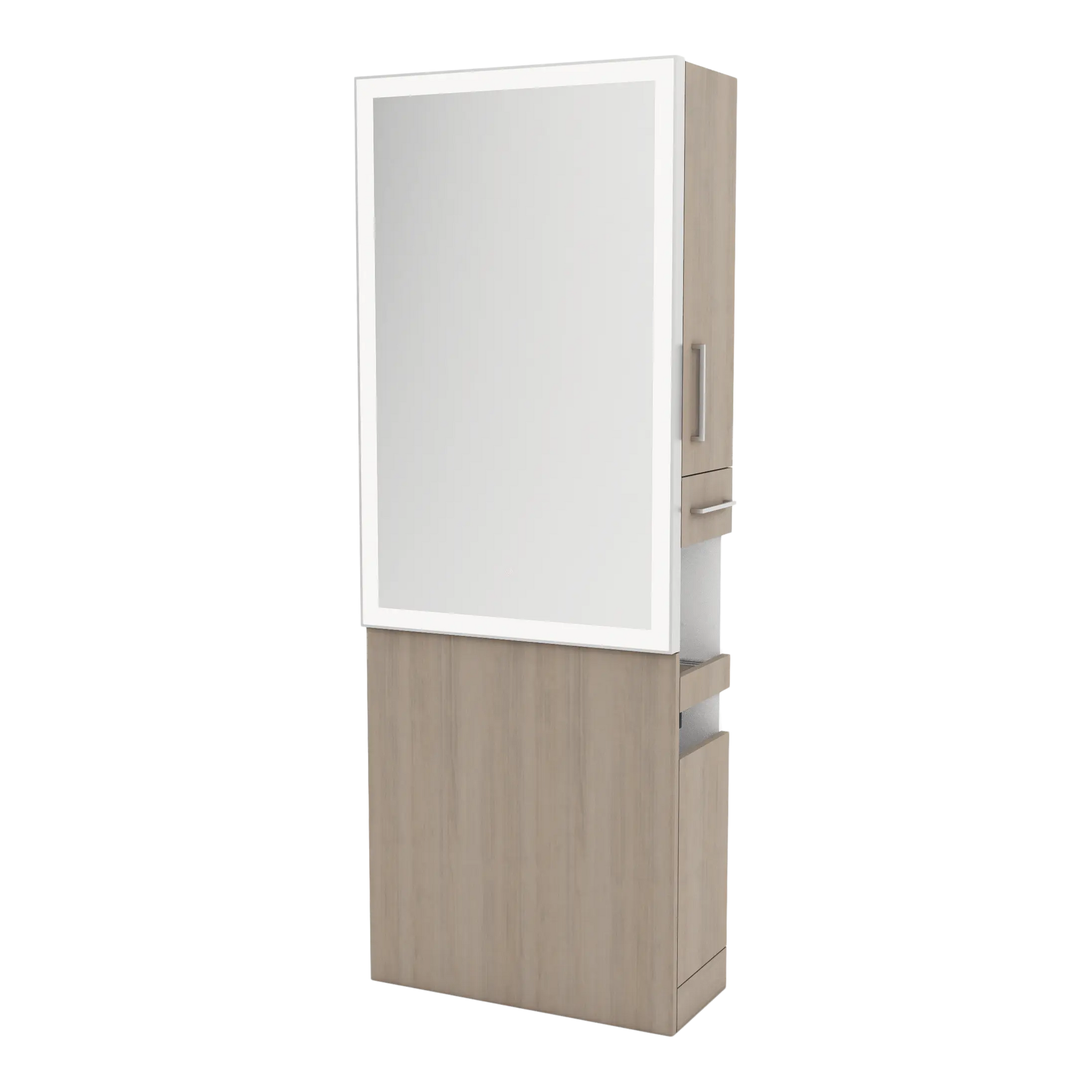 Glo Single Operator Styling Station with Pull-out Appliance Holder and Silver Rectangle Glo Mirror