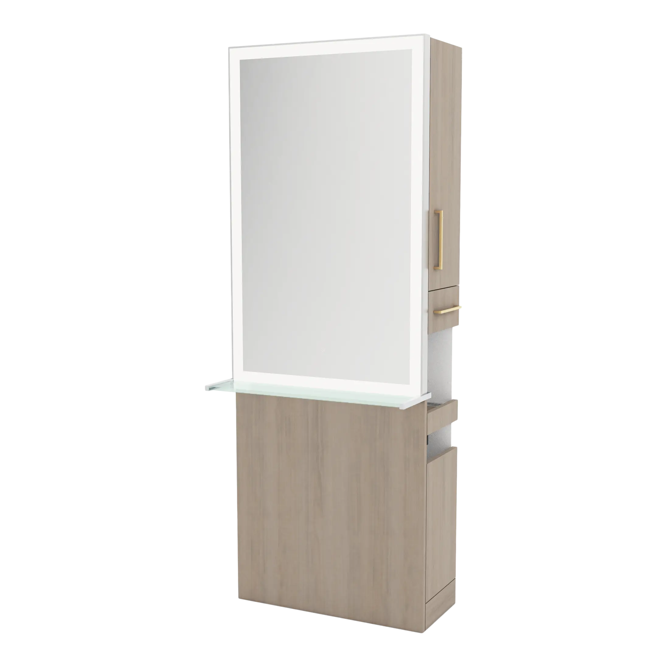 Glo Single Operator Styling Station with Pull-out Appliance Holder, Glass Shelf and Silver Rectangle Glo Mirror