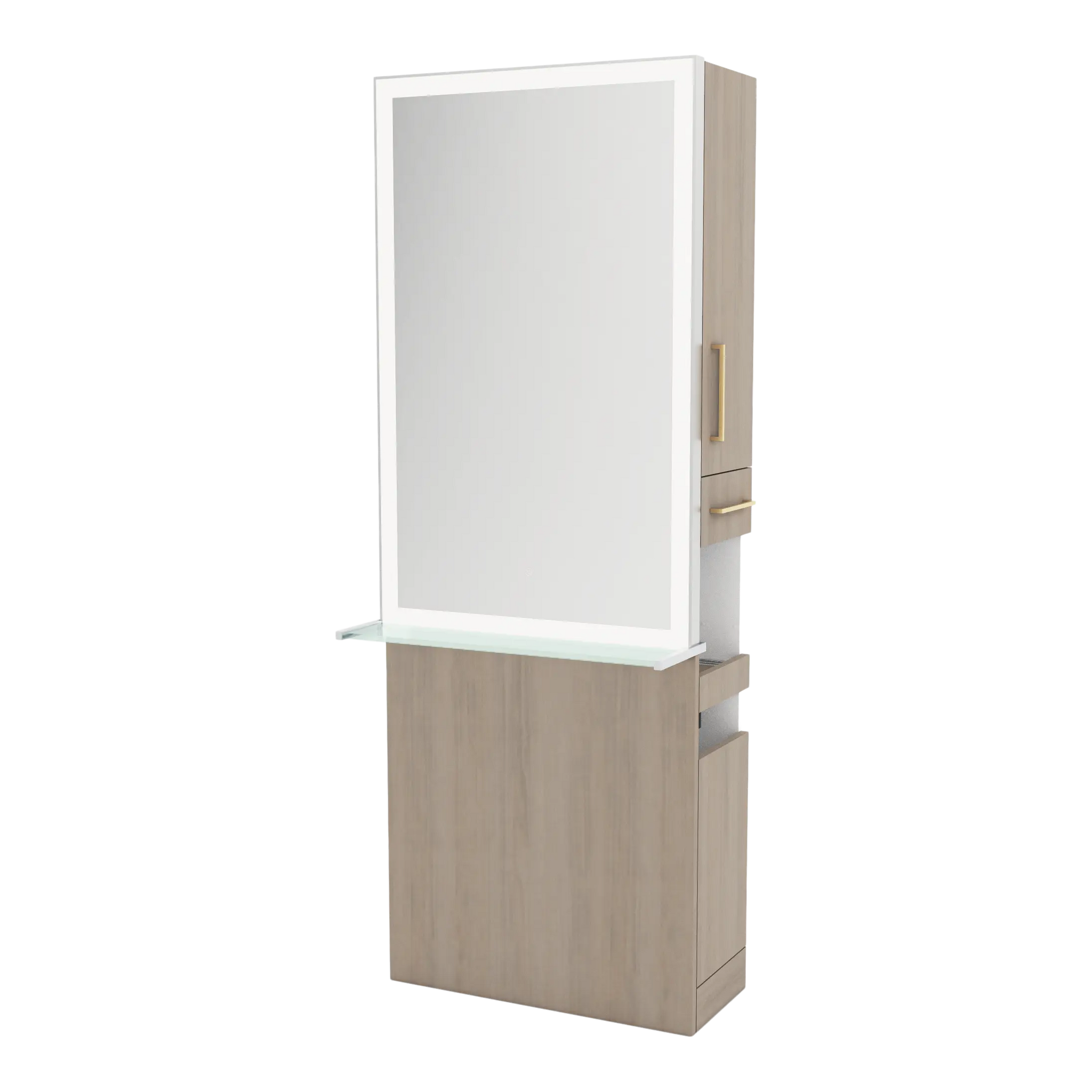 Glo Single Operator Styling Station with Pull-out Appliance Holder, Glass Shelf and Silver Rectangle Glo Mirror