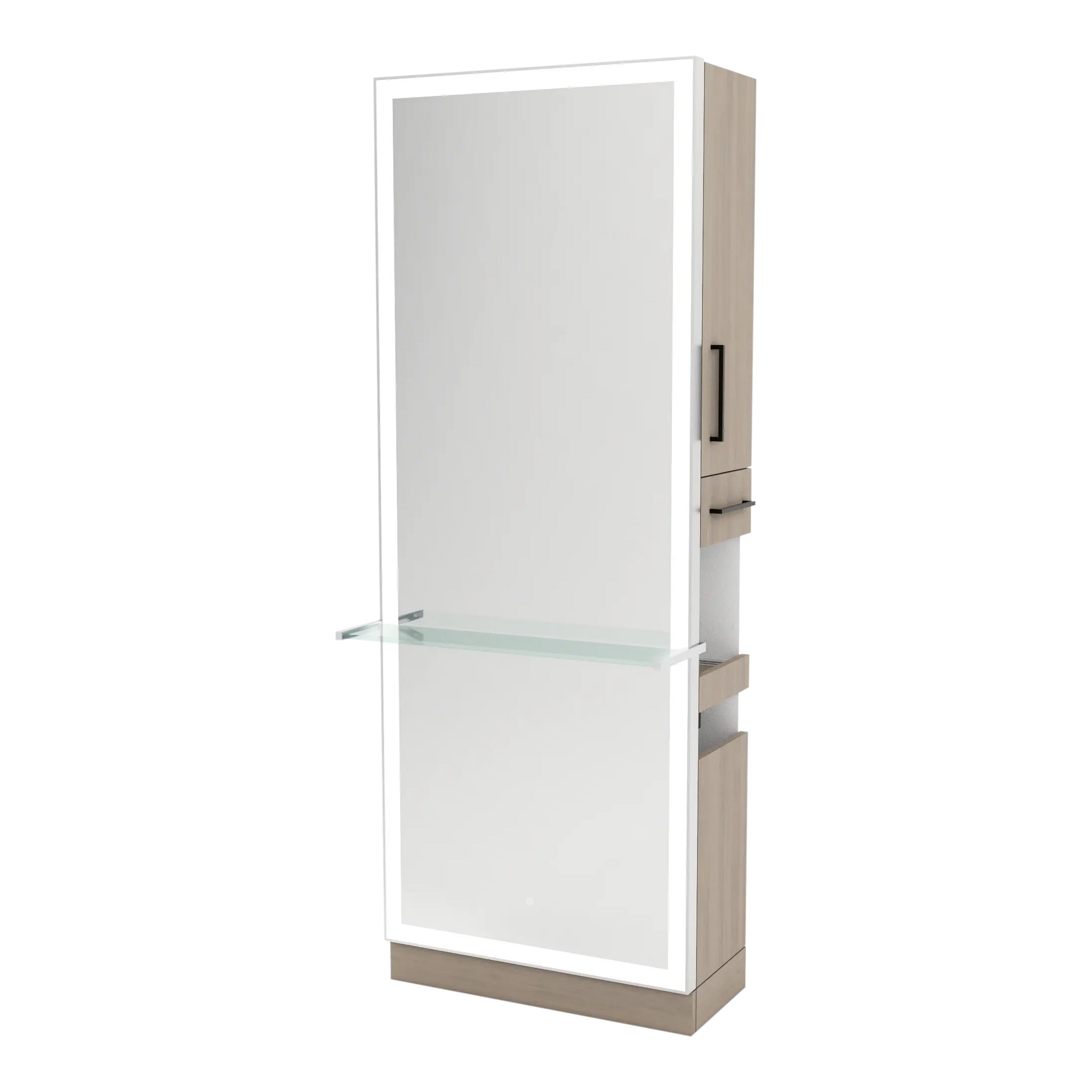 Glo Single Operator Styling Station with Pull-out Appliance Holder, Glass Shelf and Silver Full-Length Rectangle Glo Mirror