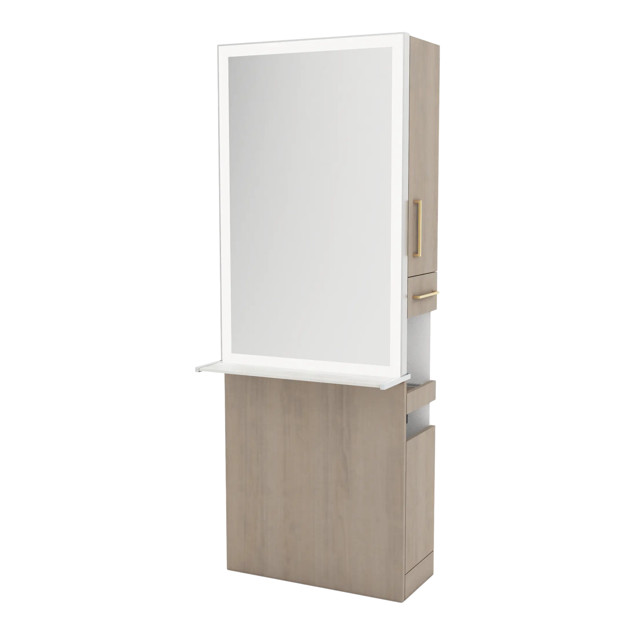 Glo Single Operator Styling Station with Pull-out Appliance Holder, Solid Surface Shelf, and Silver Rectangle Glo Mirror